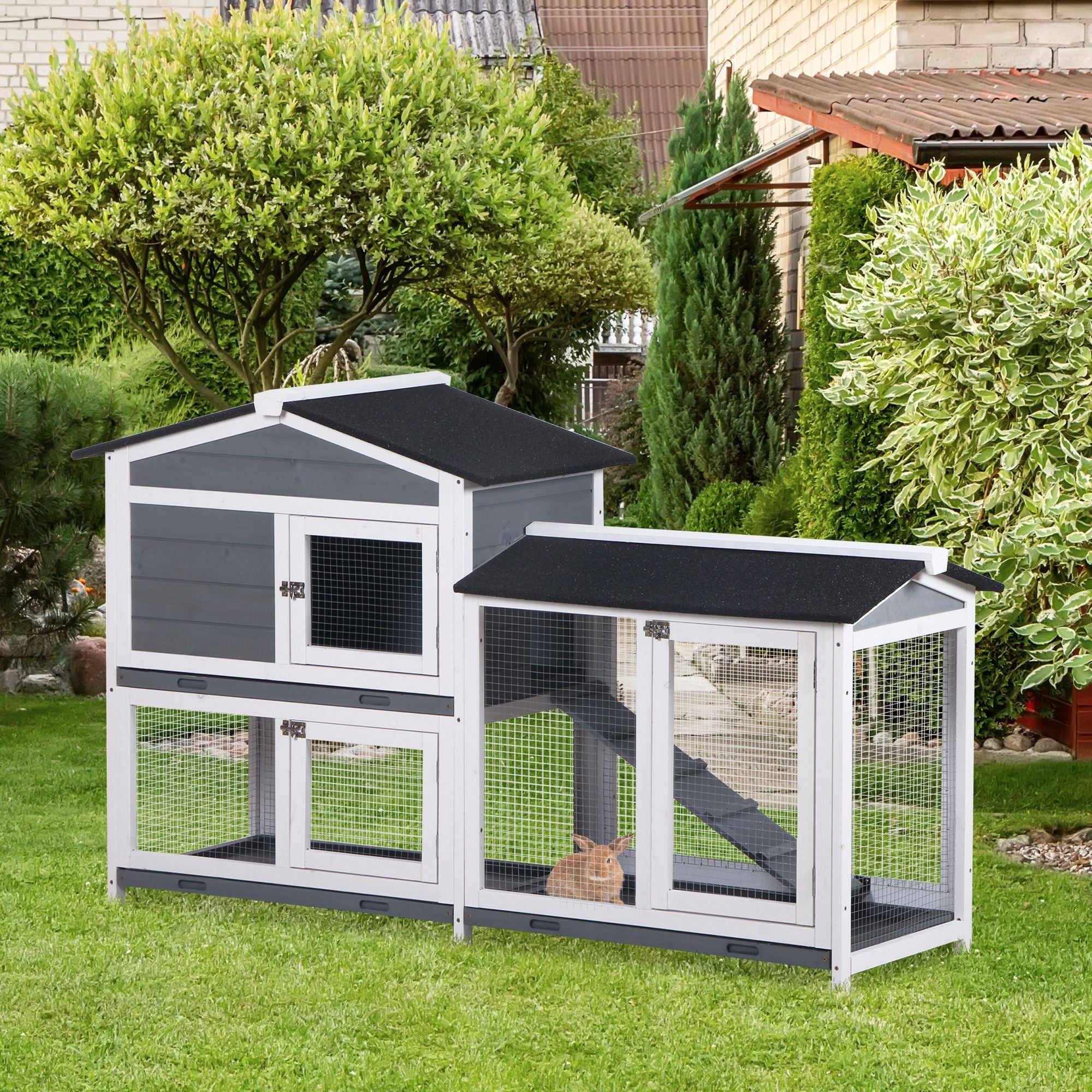 Wooden 2-Tier Rabbit Hutch w/ Tray Ramp Grey-1