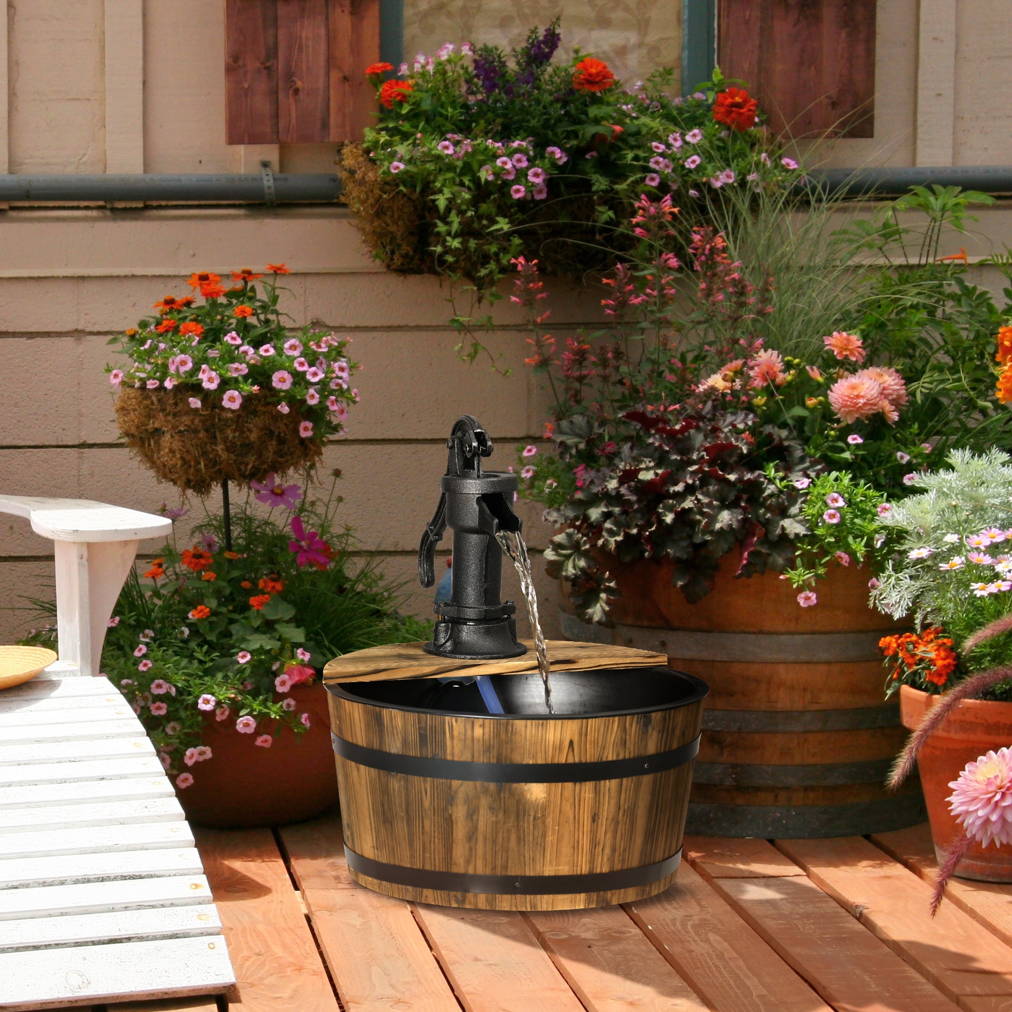 1 Tier Wooden Barrel Water Fountain Outdoor Garden Decorative Water Feature w/ Electric Pump-1