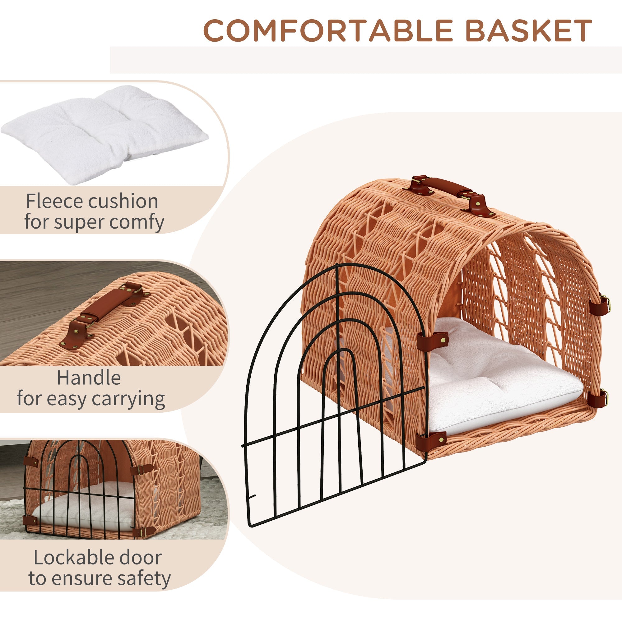 Wicker Cat Carrier Basket Kitten Bed Portable Pet Caves Houses w/ Soft Cushion 37 x 28 x 29 cm Orange-4