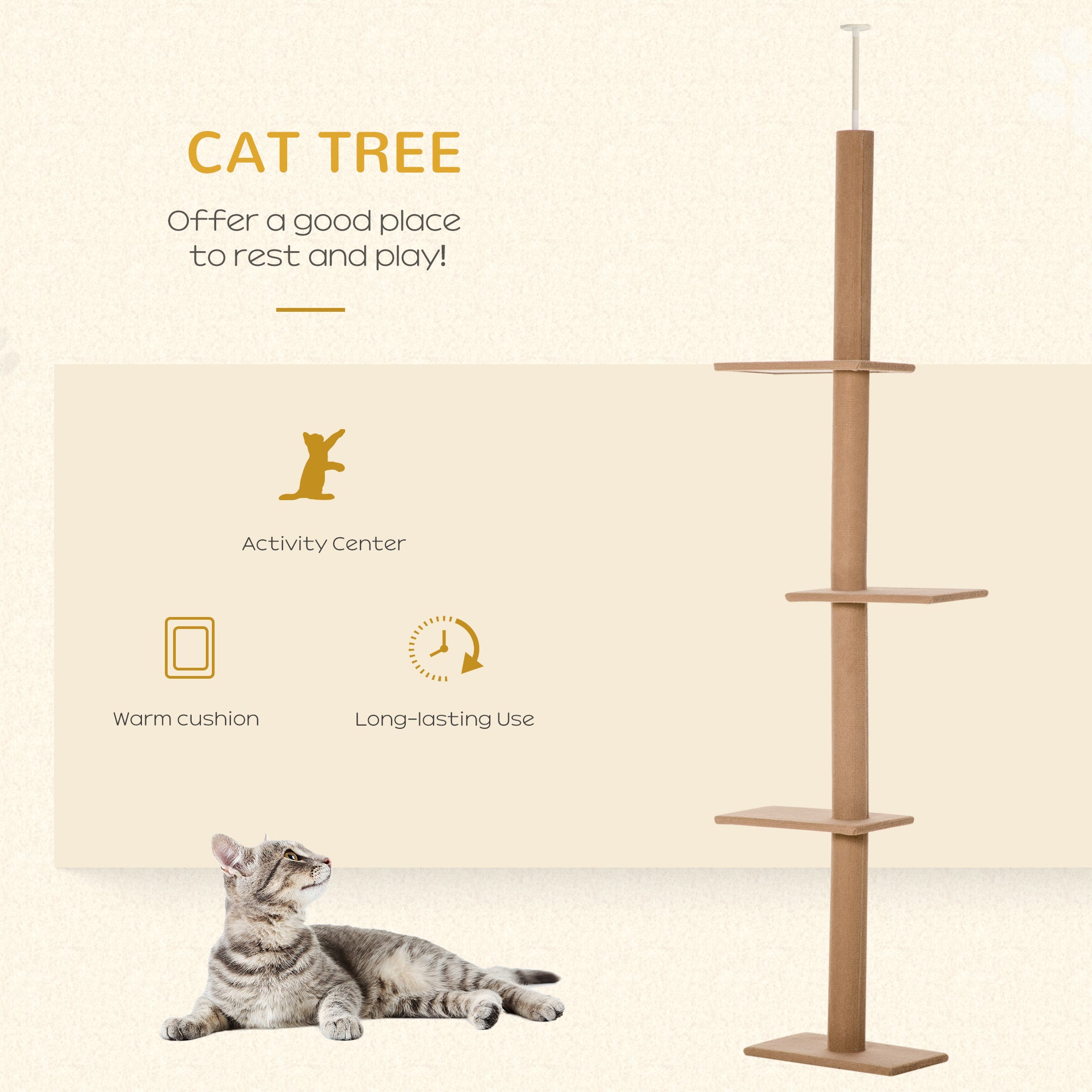 260cm Floor To Ceiling Cat Tree w/ 3 Perches Flannel Upholstery Kitten Pet Rest Sleep Activity Tower Home Furniture Brown-3