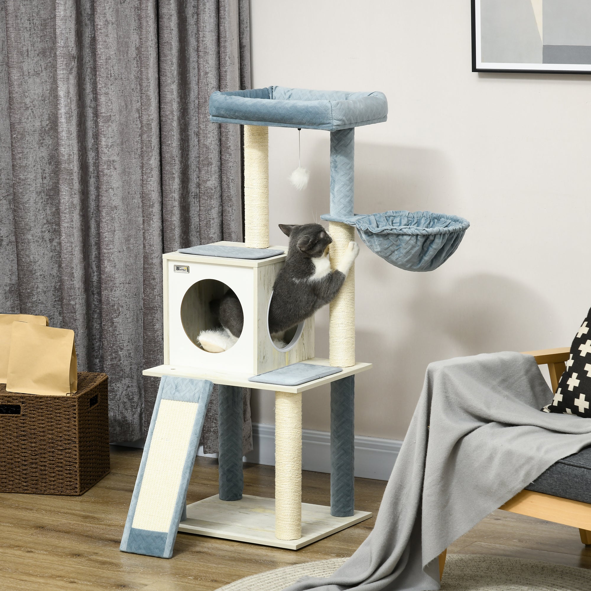 114cm Cat Tree for Indoor Cats, with Scratching Posts, hammock, Bed, House-1