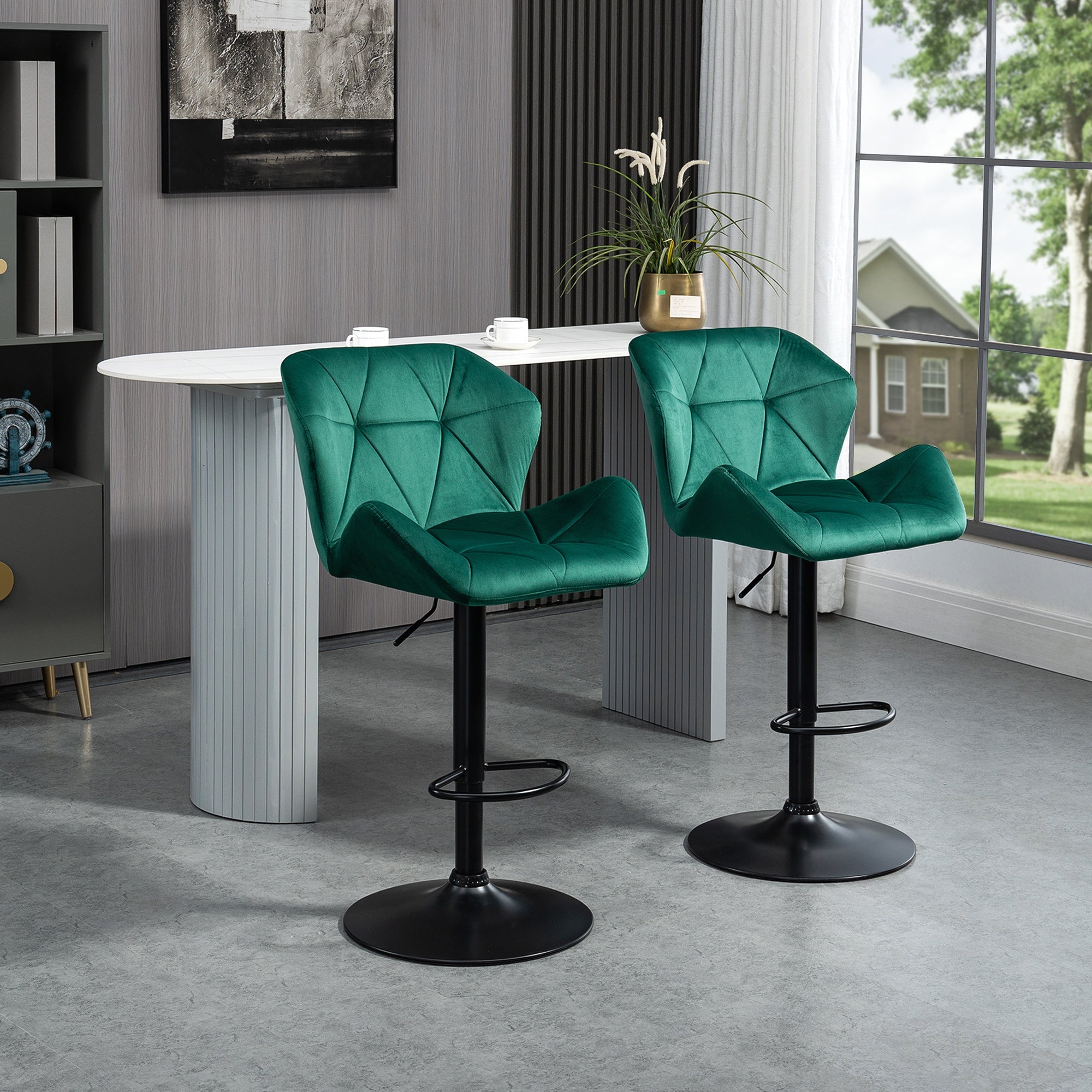 Bar Stools Set Of 2, Luxurious Velvet-Touch Barstools with Metal Frame Footrest Round Base Triangle Indenting Adjustable Height Swivel Green-1