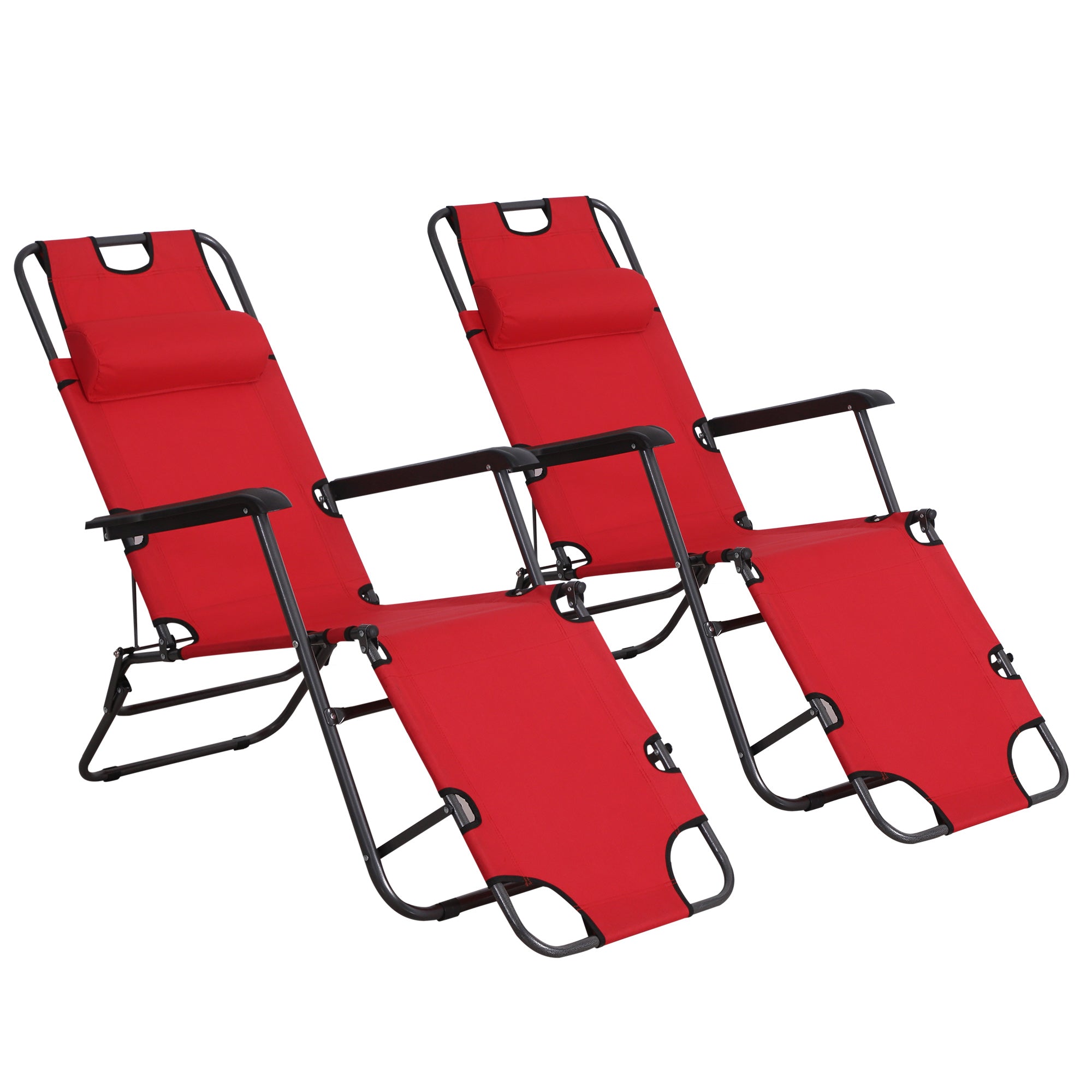 2 Pieces Foldable Sun Loungers with Adjustable Back, Outdoor Reclining Garden Chairs with Pillow and Armrests, Red-0