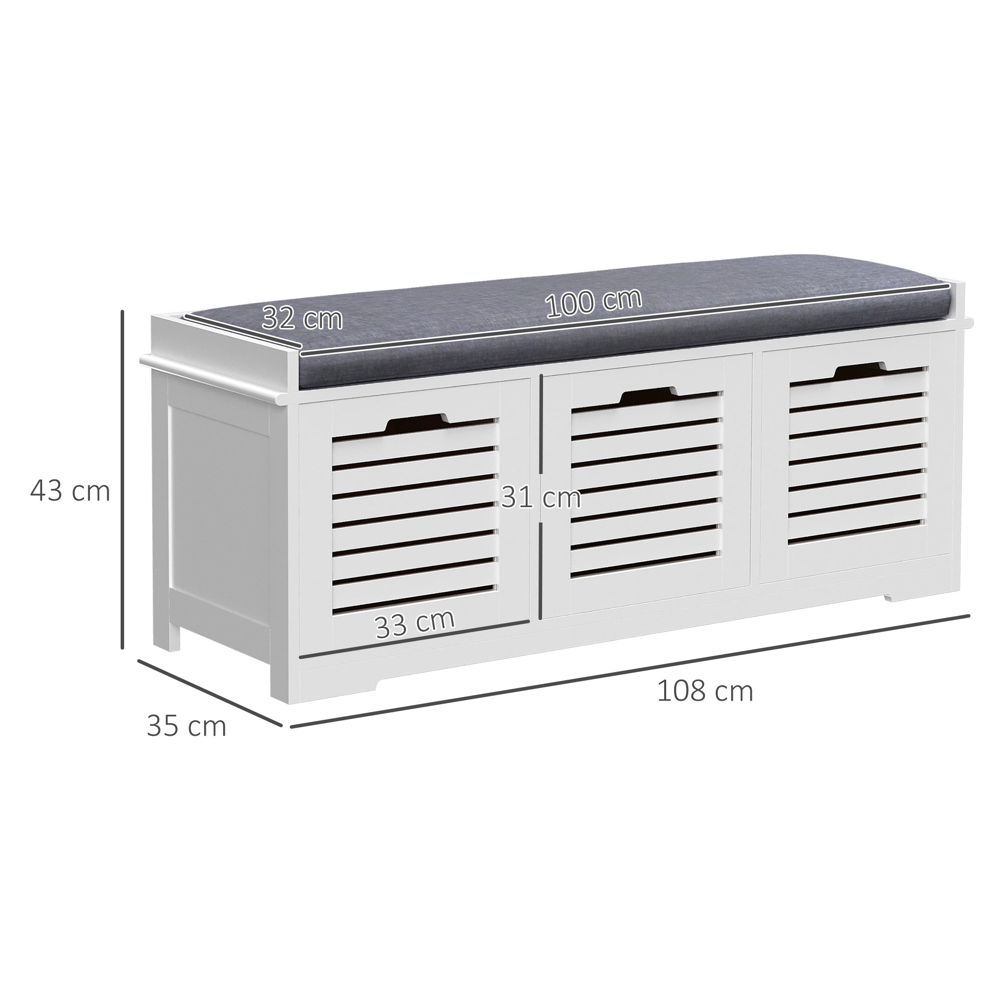 White Storage Bench with 3 Drawers & Removable Grey Seat Cushion Hallway Organisation furniture-2