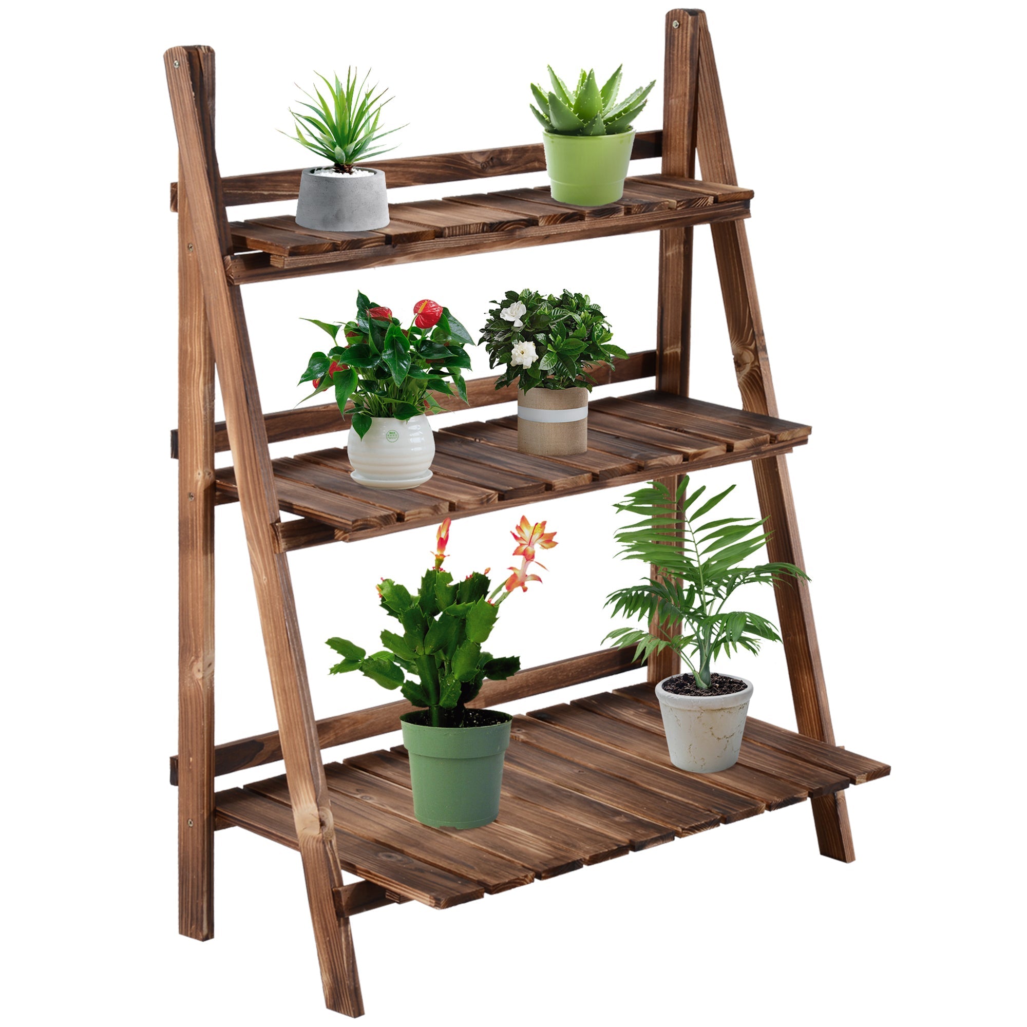 Wooden Folding Flower Pot Stand 3 Tier Garden Planter Display Ladder Gardener Storage Shelves Rack Herb Holder (80L x 37W x 93H (cm))-0