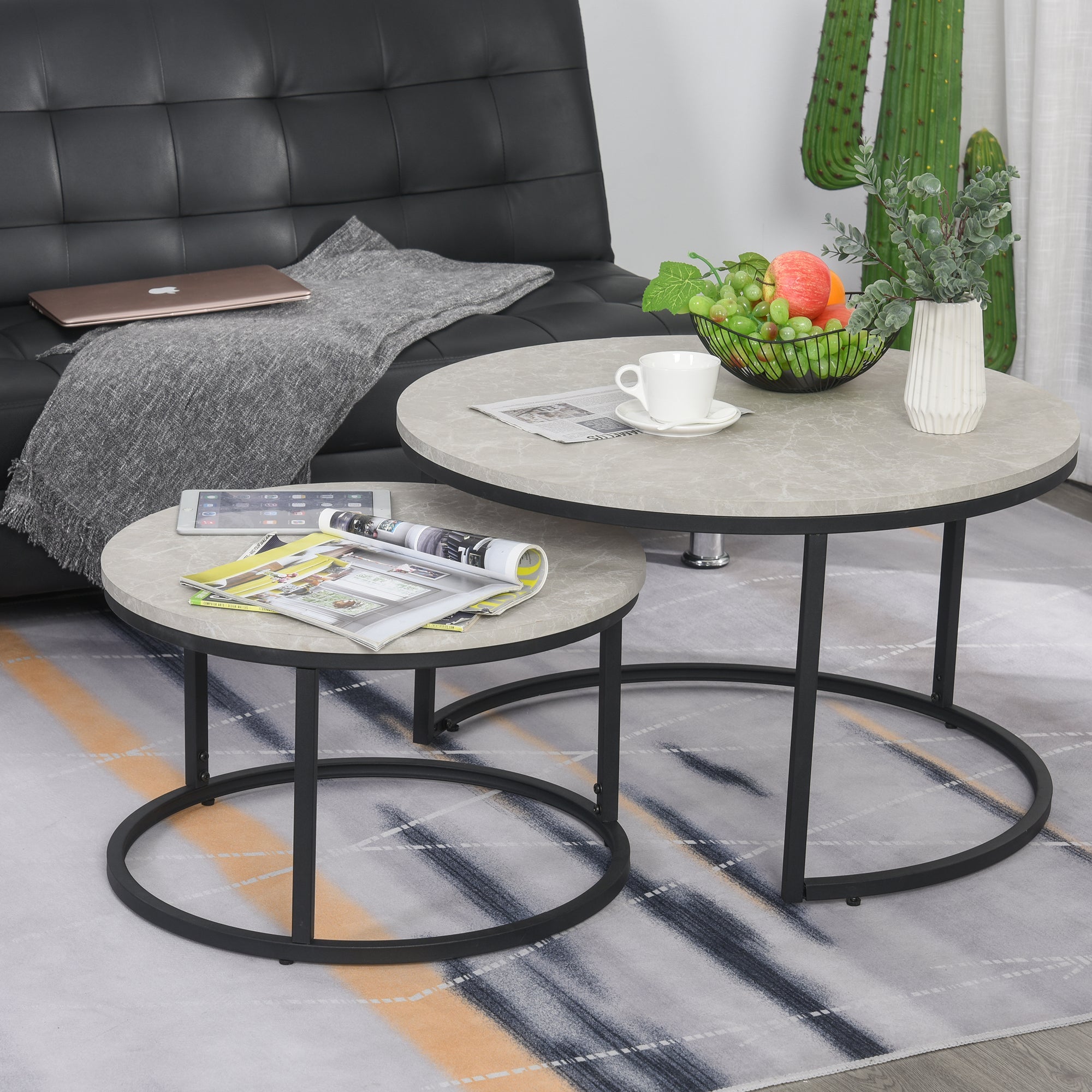 2 Pcs Stacking Coffee Table Set w/ Steel Frame Marble-Effect Top Foot Pads Nest of Tables Storage Display Black/Grey-1