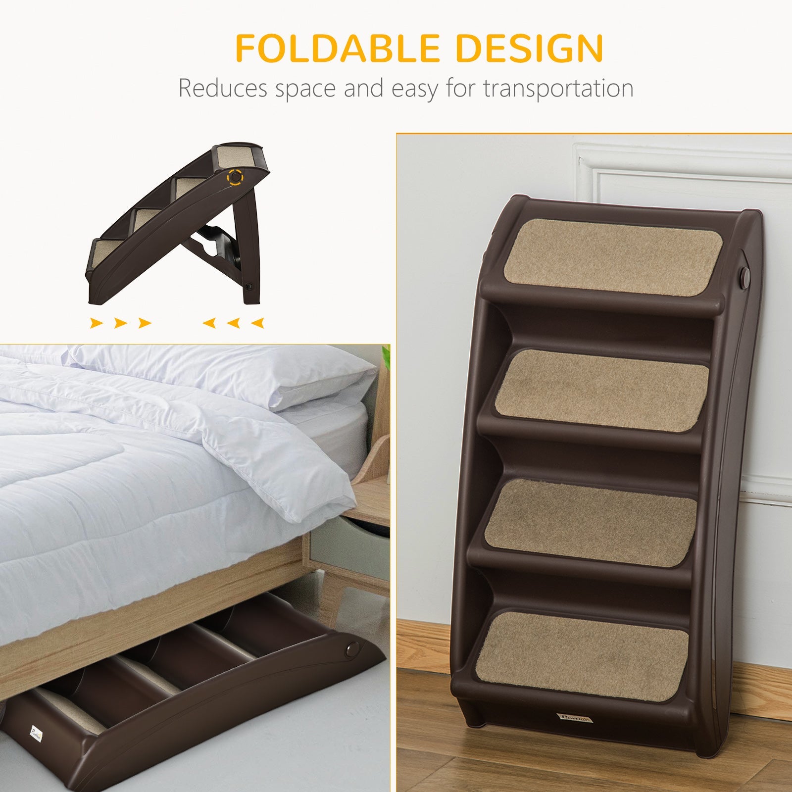 Foldable Pet Stairs, 4-Step for Cats Small Dogs with Non-slip Mats, 62 x 38 x 49.5 cm, Dark Brown-3