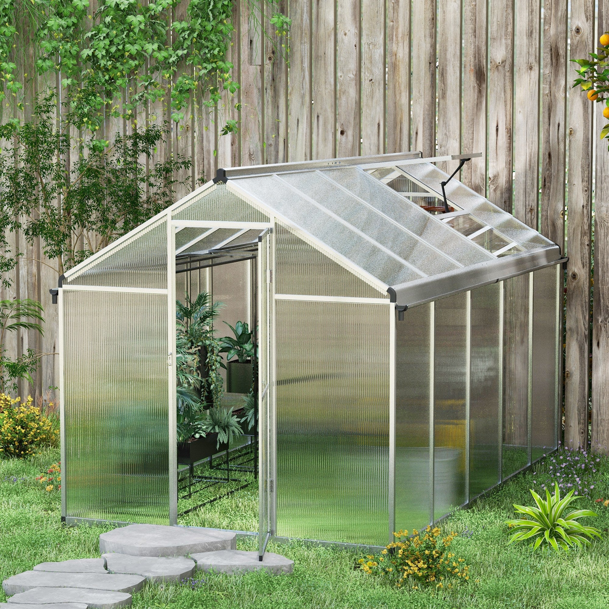 6 x 10ft Polycarbonate Greenhouse with Rain Gutters, Large Walk-In Green House with Window, Garden Plants Grow House with Aluminium-1