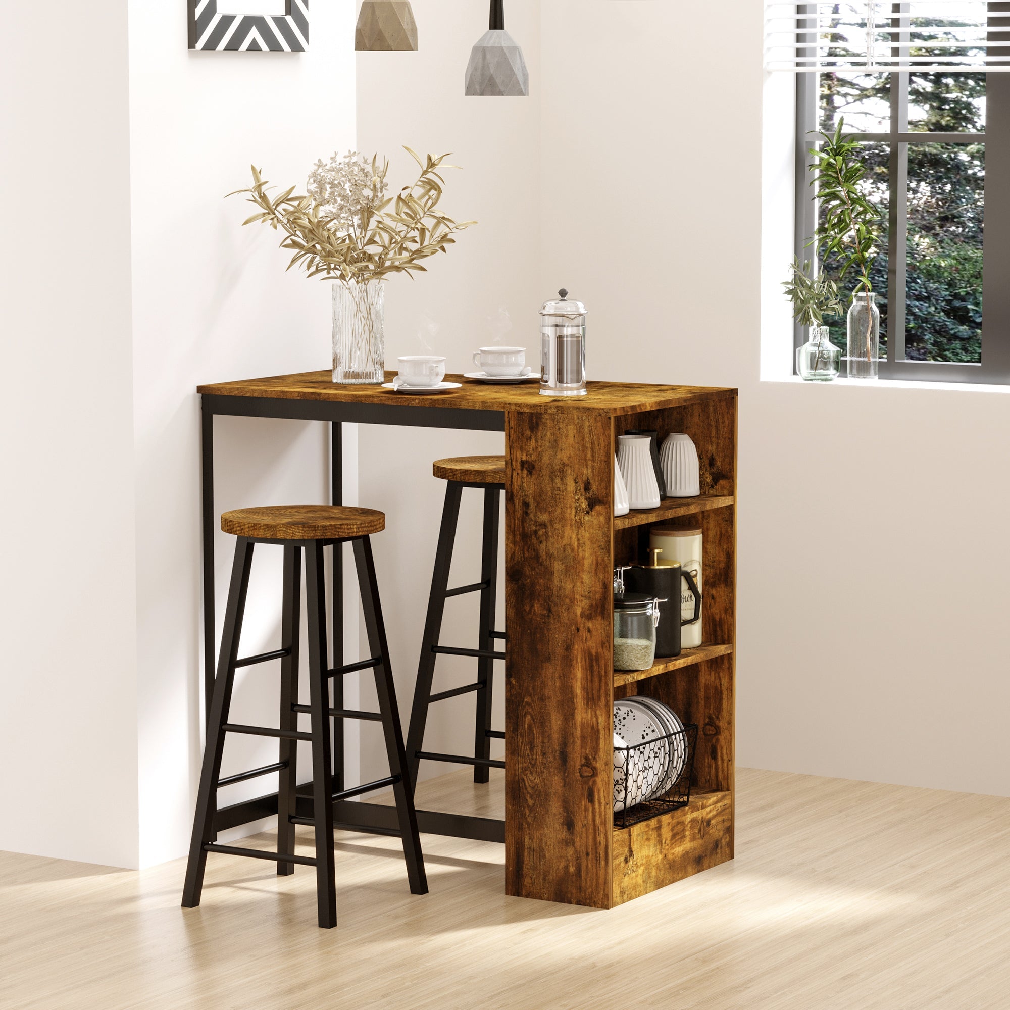 Industrial Bar Table Set for 2, 3 Pieces Pub Table and Bar Stools with Storage Shelf for Kitchen-1