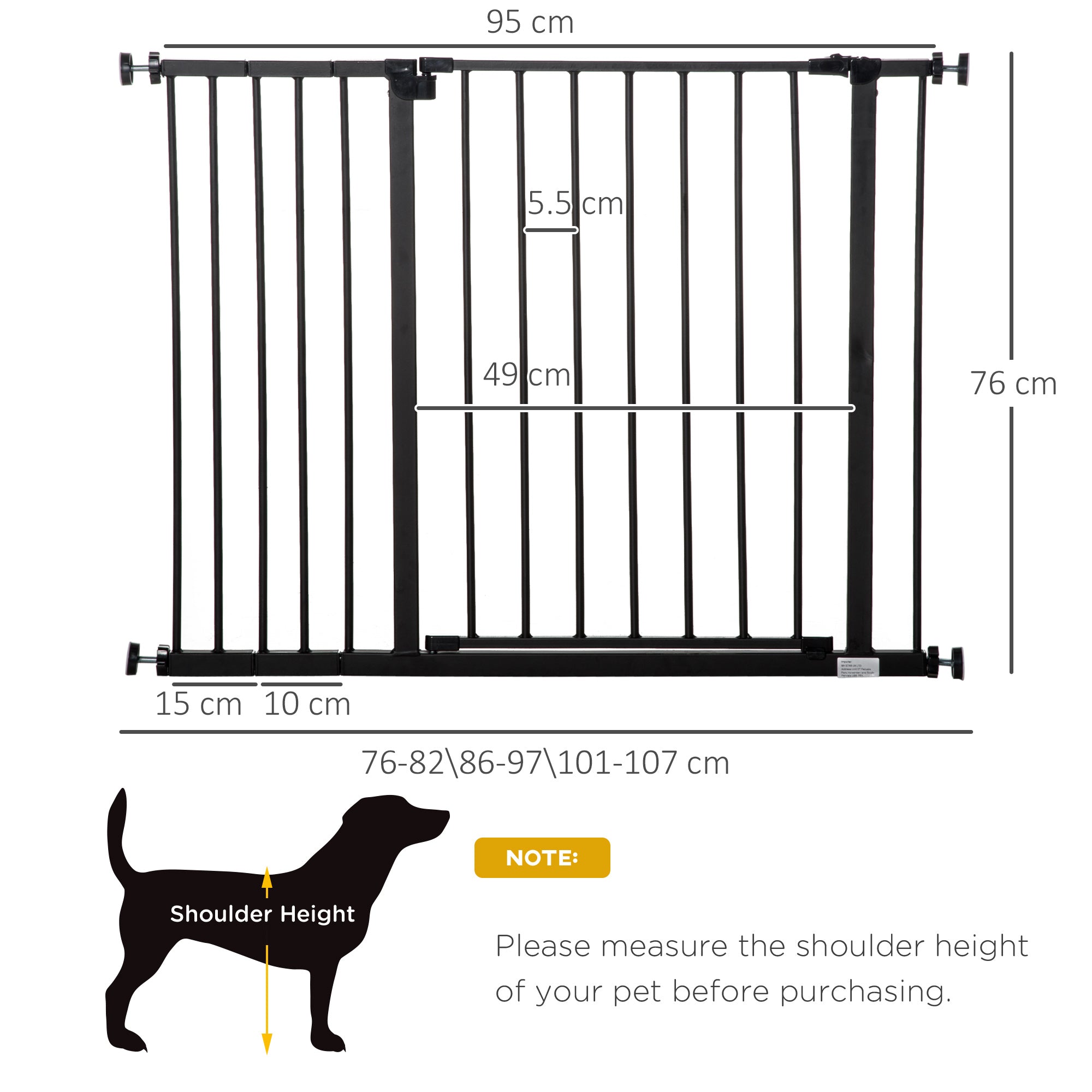 Dog Gate Pet Safety Gate Stair Barrier Auto Close Door Adjustable 76 - 107 cm, Black-2