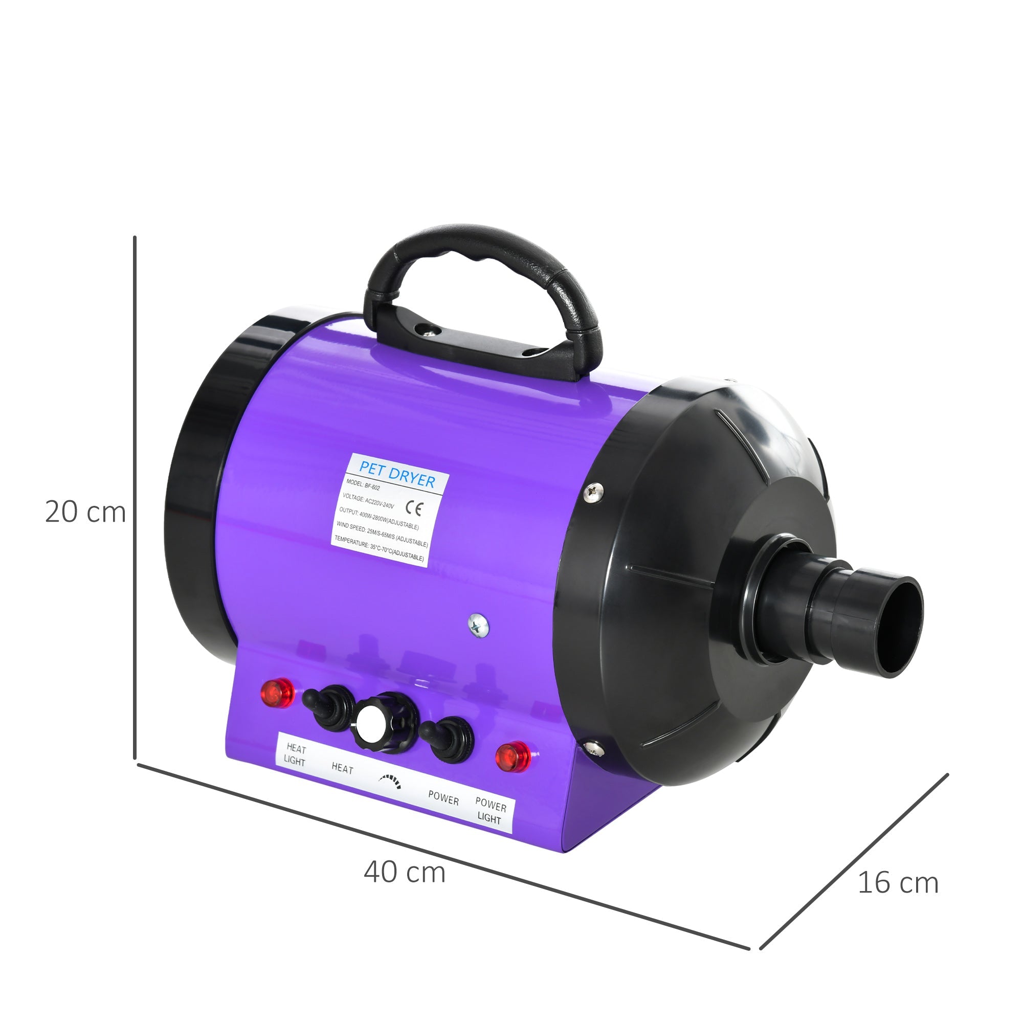 2800W Dog Hair Dryer Pet Grooming Blaster Water Blower Dryer w/ 3 Nozzles, Purple-2