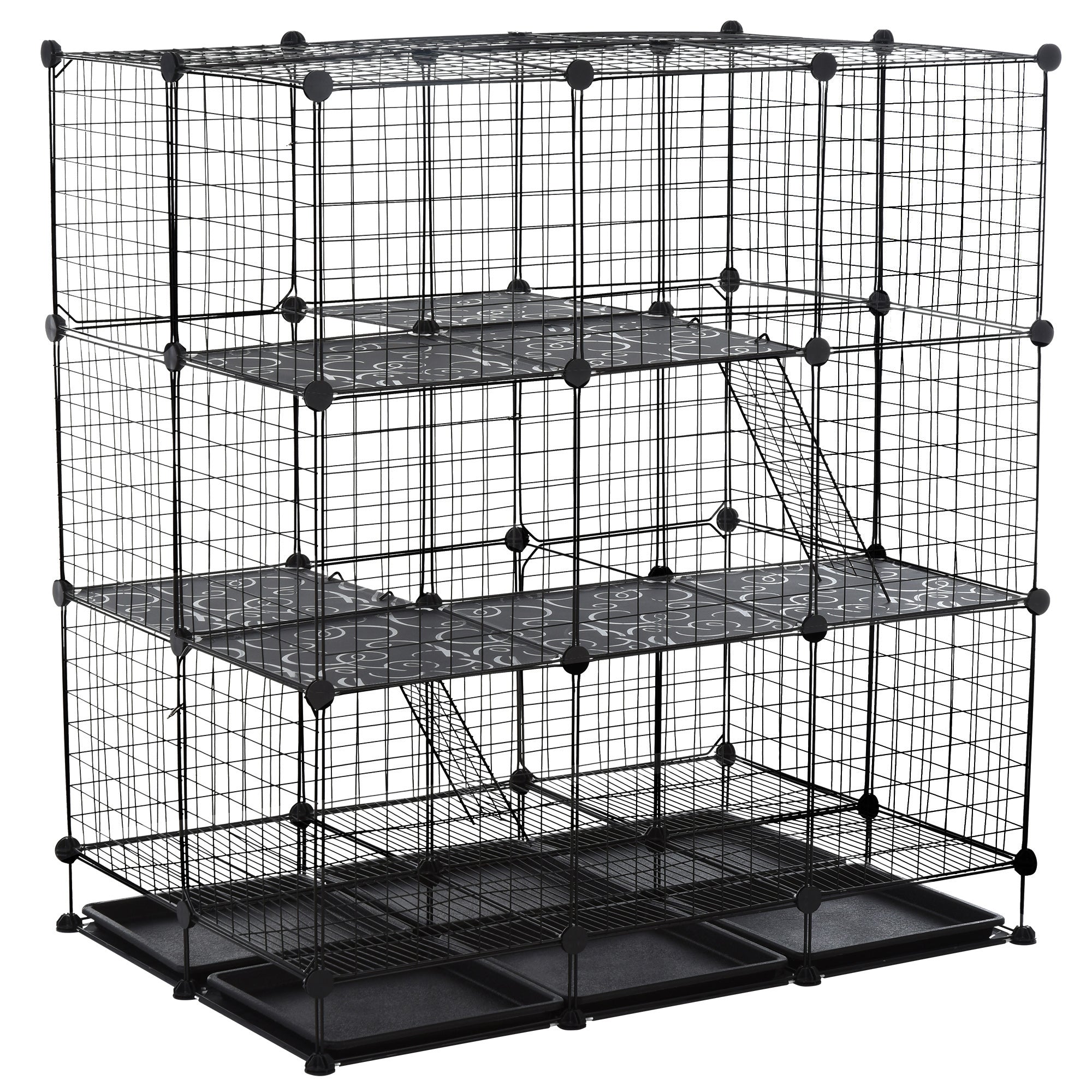 3 Level DIY Pet Playpen Metal Small Animal Cage Guinea Pig Rabbit Ferret Chinchillas Cage 4 Doors Bottom Trays Black-0