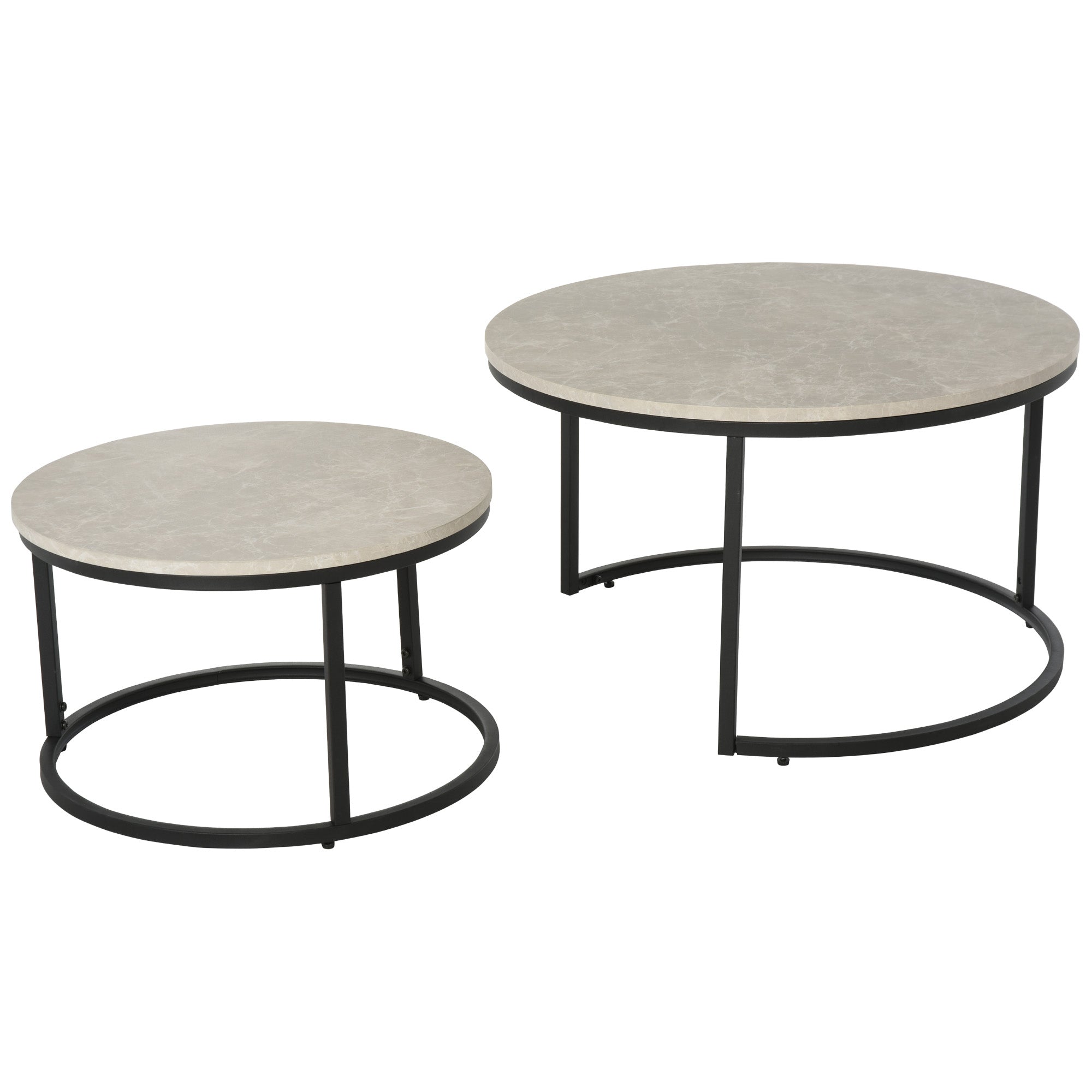 2 Pcs Stacking Coffee Table Set w/ Steel Frame Marble-Effect Top Foot Pads Nest of Tables Storage Display Black/Grey-0