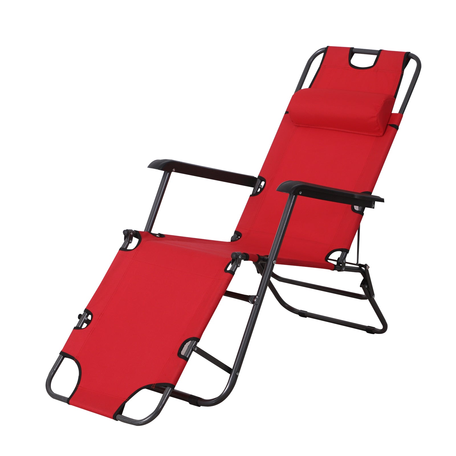 2 in 1 Sun Lounger Folding Reclining Chair Garden Outdoor Camping Adjustable Back with Pillow (Red)-0