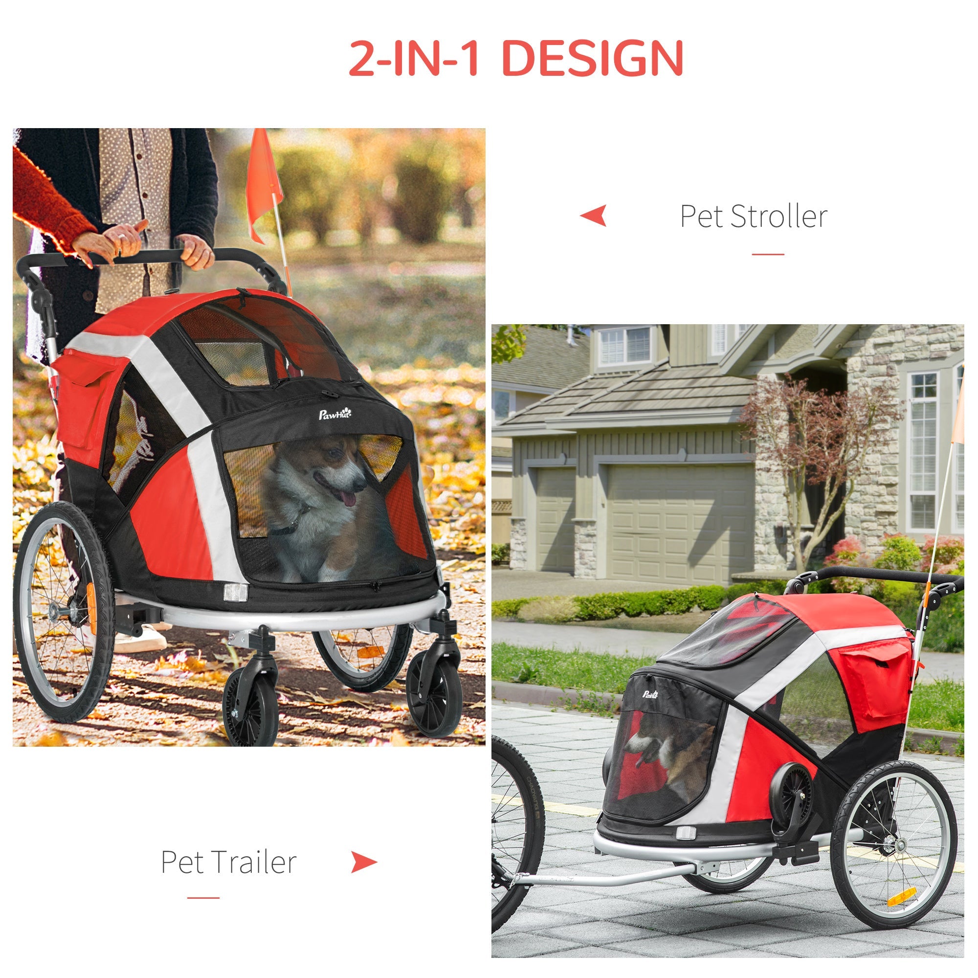 Dog Bike Trailer, Two-In-One Foldable Pet Bike Trailer w/ Safety Leash, Flag, for Small Cats, Puppies, Camping, Hiking - Red-3