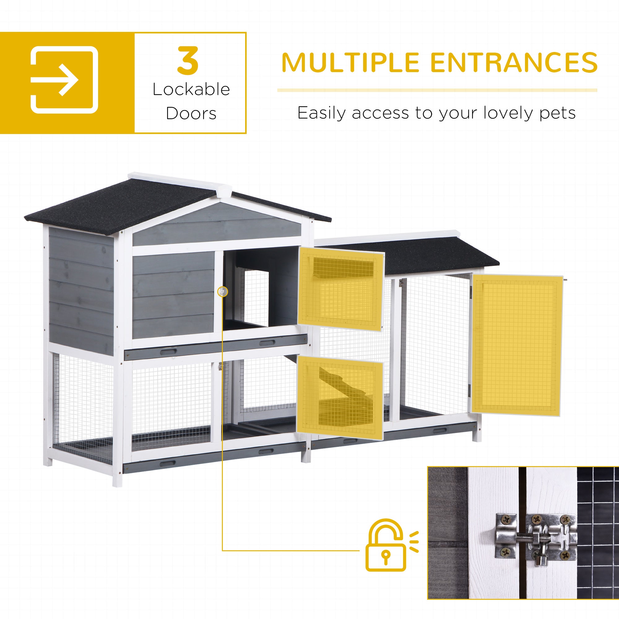 Wooden 2-Tier Rabbit Hutch w/ Tray Ramp Grey-2