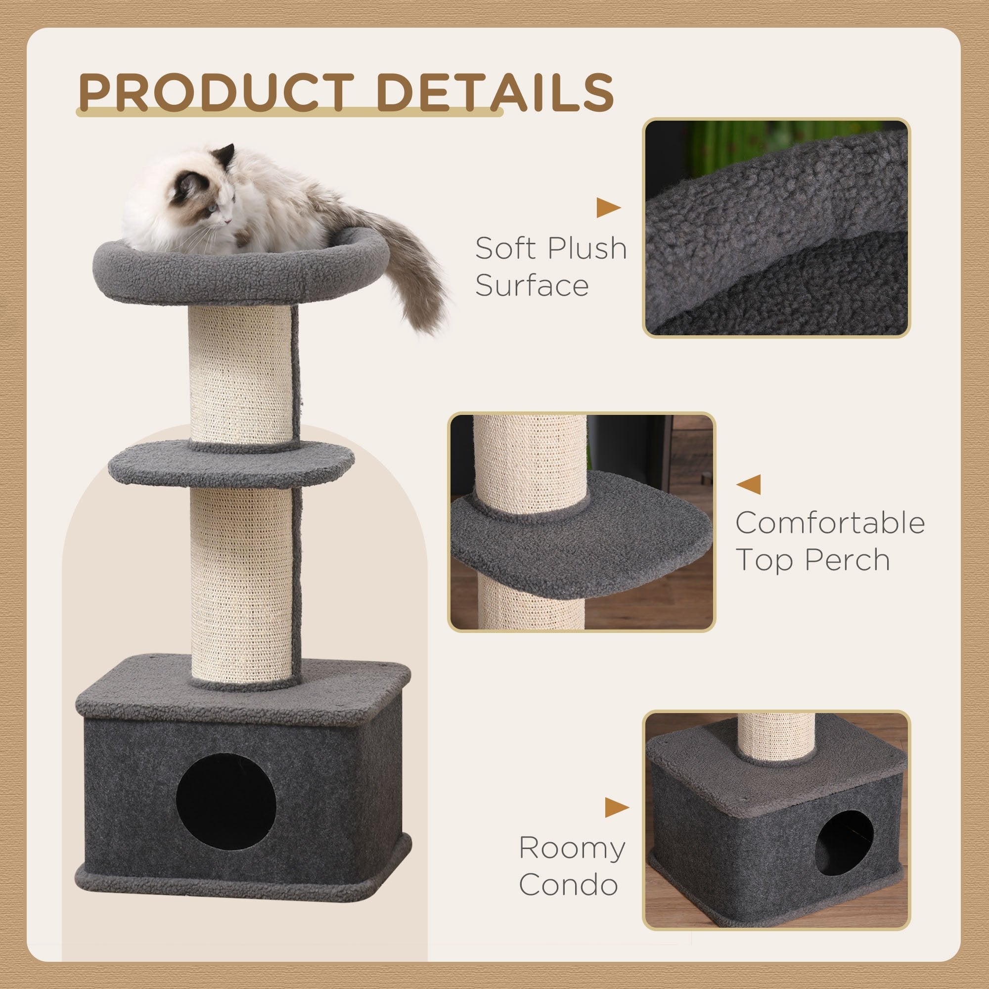 Cat Tree Kitten Tower Multi-level Activity Centre Pet Furniture with Sisal Scratching Post Condo Plush Perches Grey-3