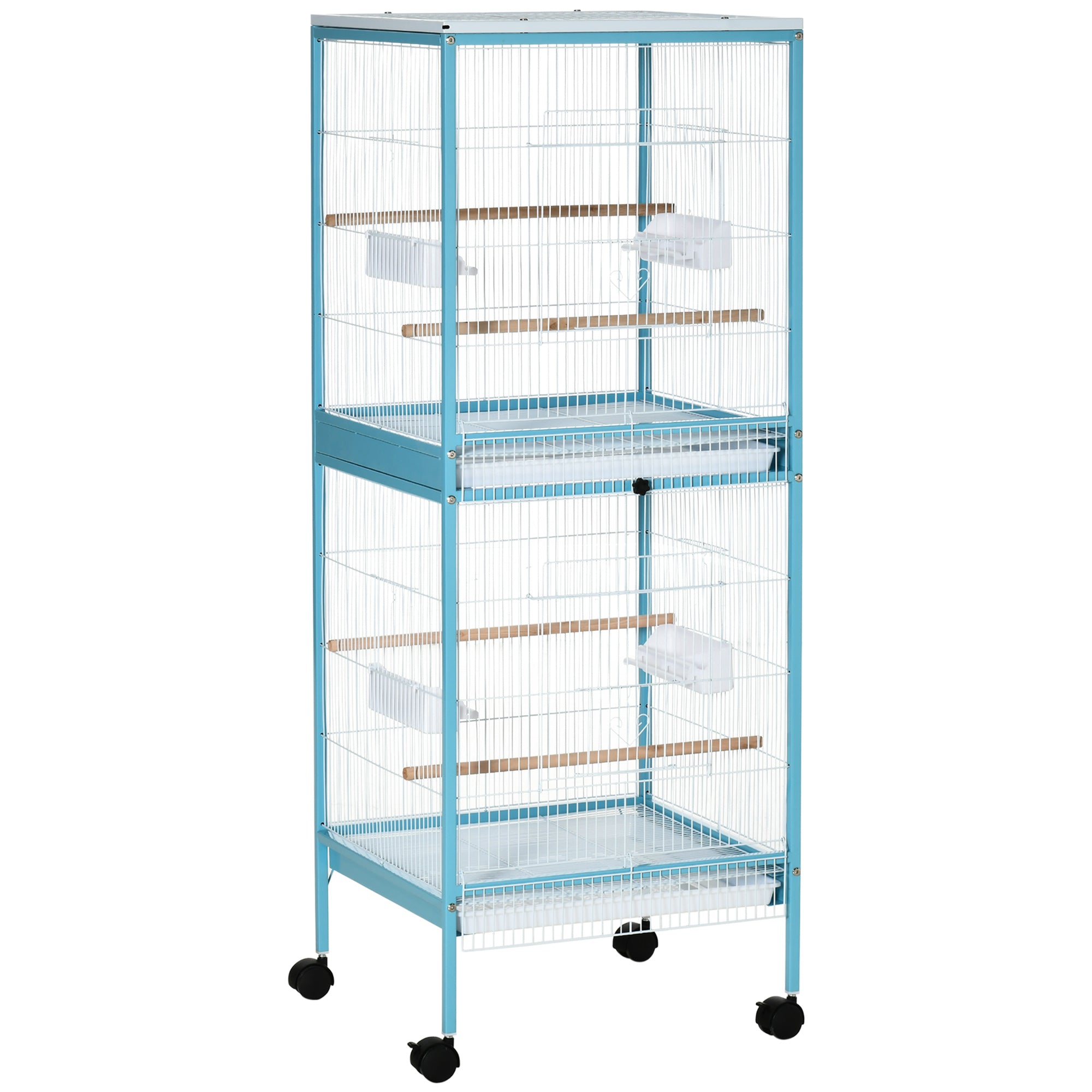 2 In 1 Large Bird Cage Aviary for Finch Canaries, Budgies with Wheels, Slide-out Trays, Wood Perch, Food Containers, Light Blue-0