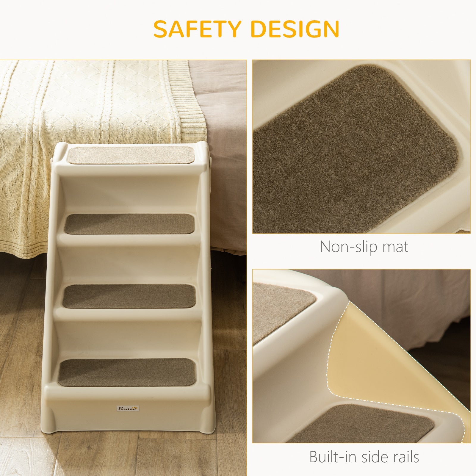 Foldable Pet Stairs, 4-Step for Cats Small Dogs with Non-slip Mats, 62 x 38 x 49.5 cm, Beige-4