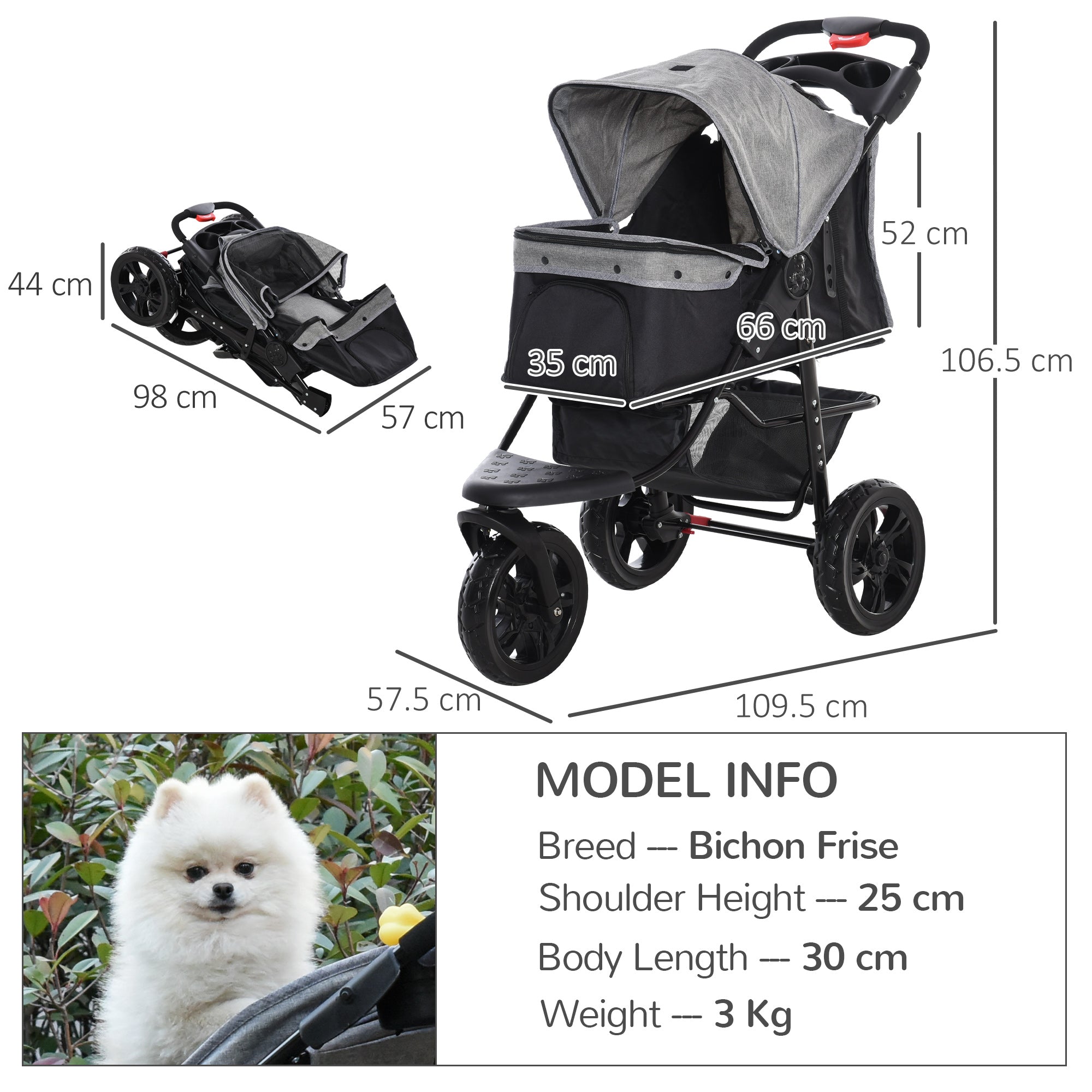 Dog Pushchair Folding Pet Stroller 3 Wheel Dog Jogger Travel Carrier Adjustable Canopy Storage Brake Mesh Window Grey-2