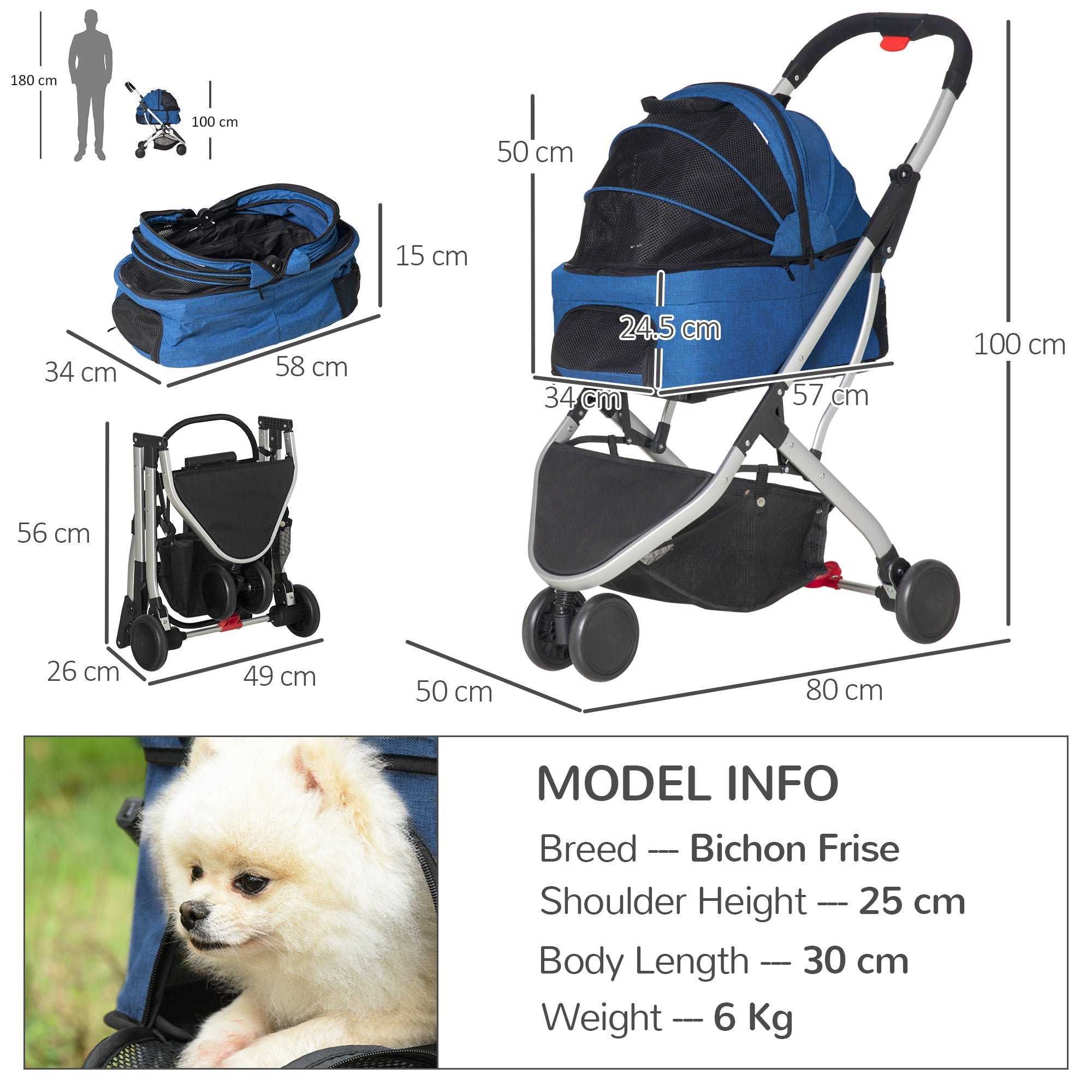 Detachable Pet Stroller Pushchair Foldable Dog Cat Travel Carriage 2-In-1 Design Carrying Bag Dark Blue-2