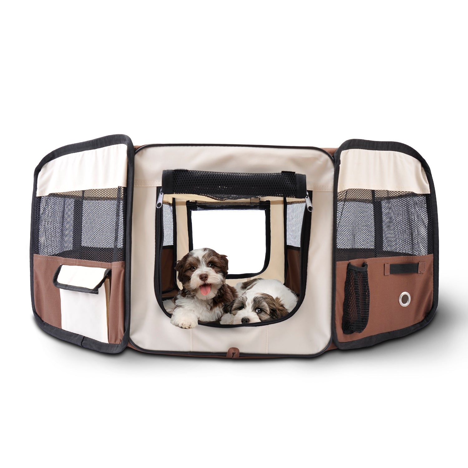 Fabric Pet Puppy Dog Cat Rabbit Pig Guinea Playpen Play Pen Run Dia90 x 41H cm Brown and Cream-1