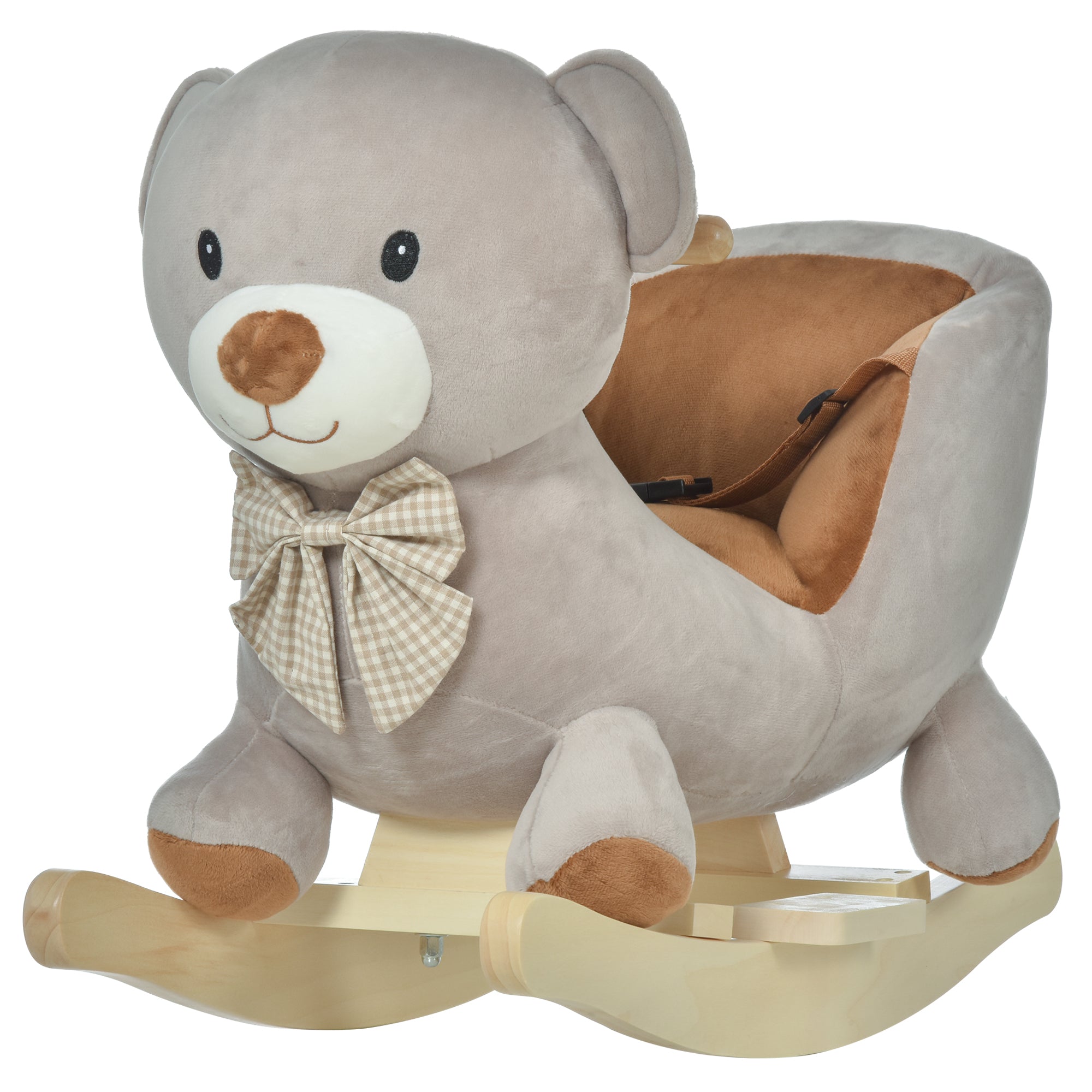 Kids Children Rocking Horse Plush Ride On Bear Seat w/ Sound Wood Base Seat Safety Belt Toddler Baby Toy Grey-0