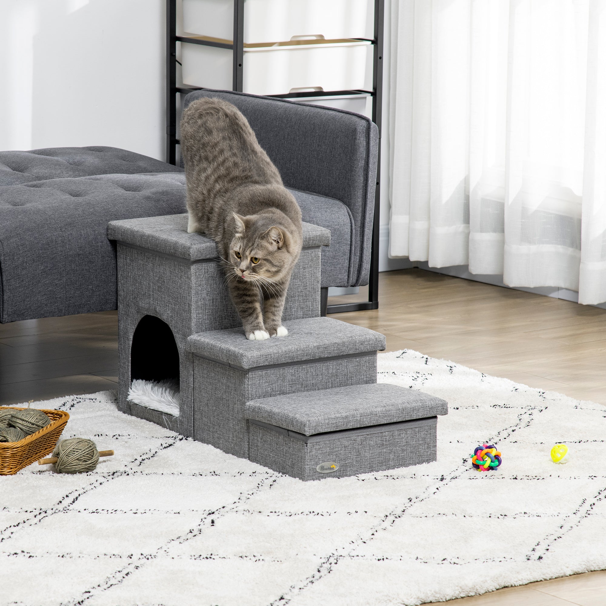 Dog Steps 3-step Pet Stairs with Kitten House and 2 Storage Boxes, 3 in 1 Dog Ramp for Sofa with Washable Plush Cushion-1