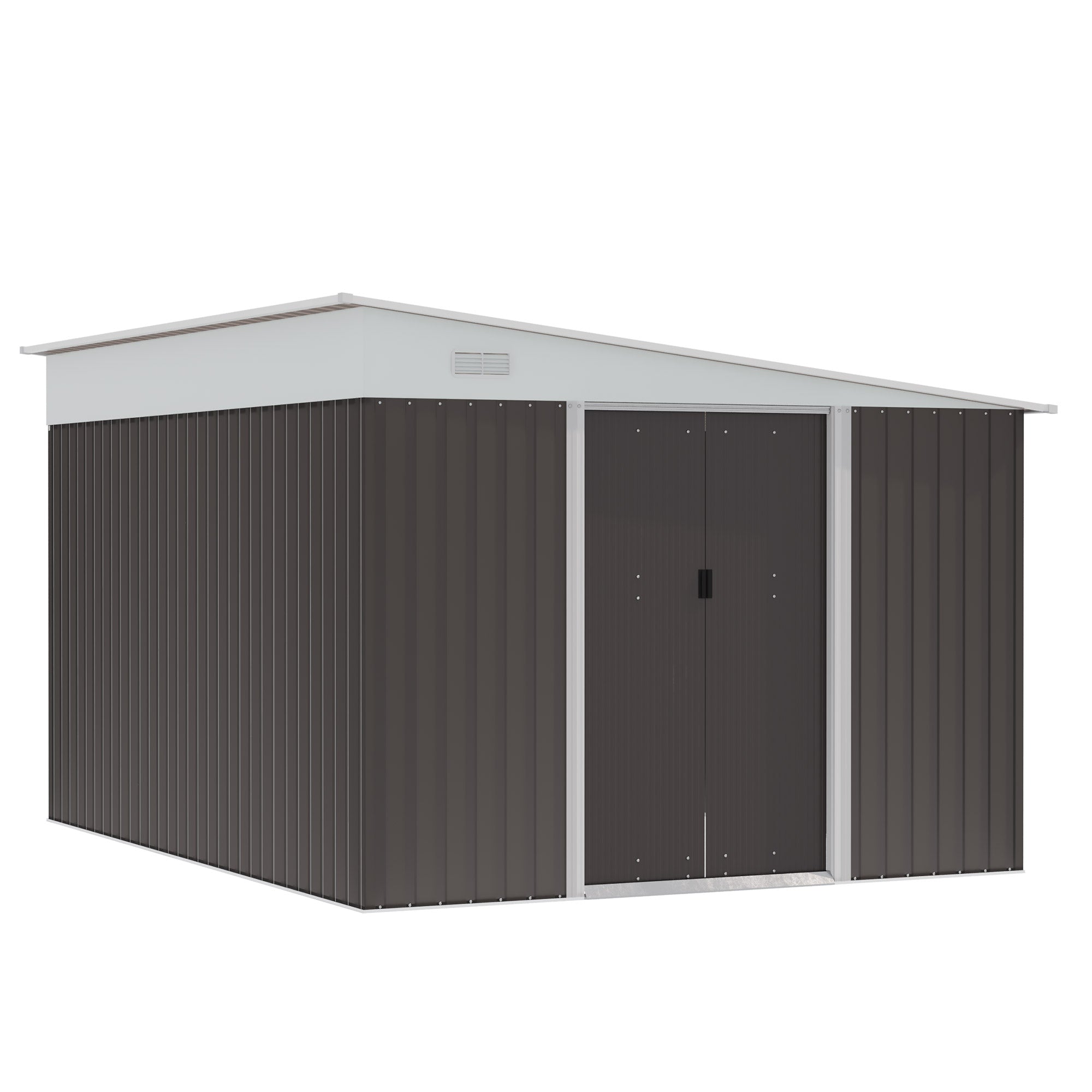 11 x 9 ft Metal Garden Storage Shed Sloped roof Tool House with Double Sliding Doors and 2 Air Vents, Grey-0