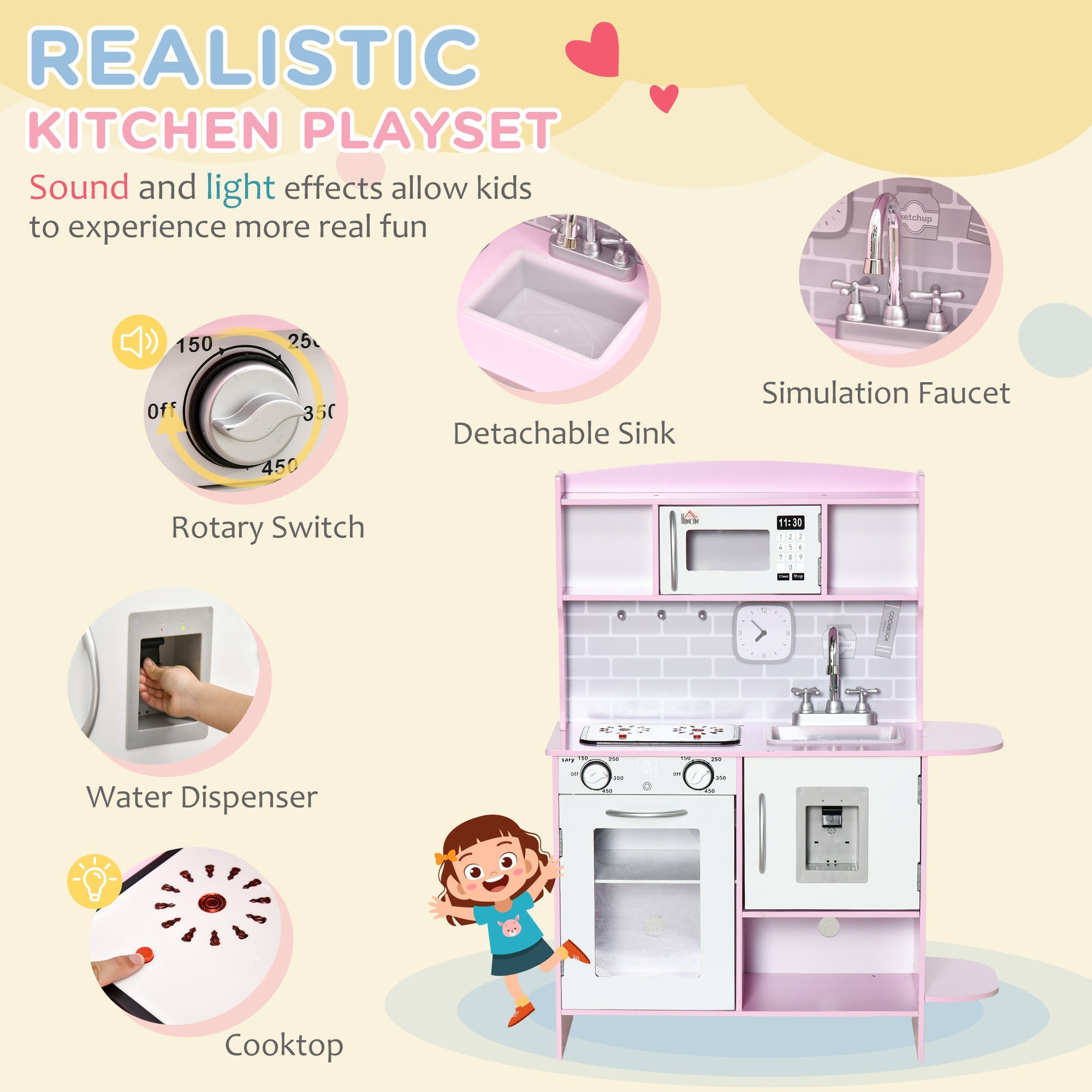 Wooden Play Kitchen with Lights Sounds, Kids Kitchen Playset with Water Dispenser, Microwave, Utensils, Sink, Gift for 3-6 Years Old, Pink-3