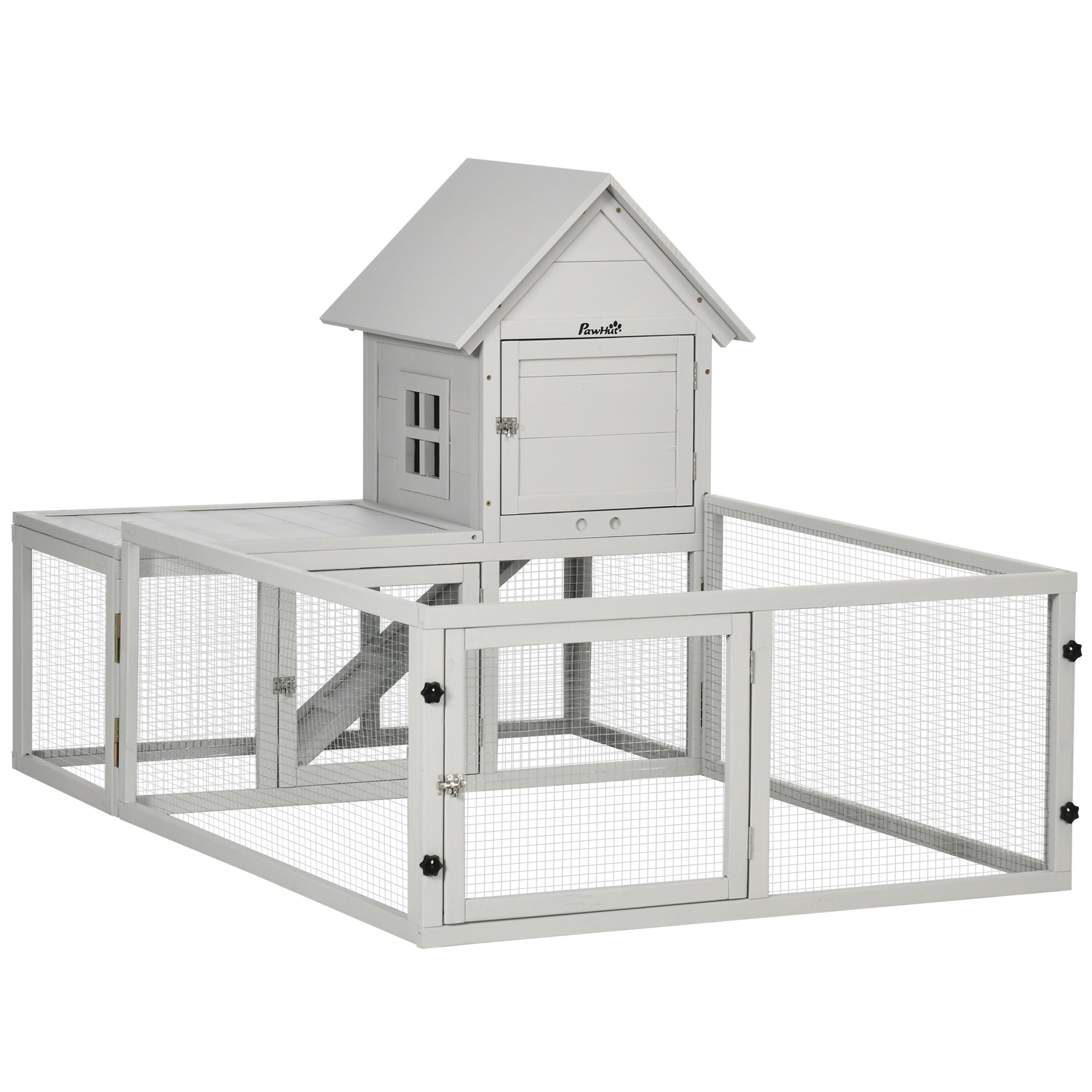 Wooden Rabbit Hutch with Extra Fenced Area, Large Guinea Pig Cage, Small Animal House for Indoor with Slide-out Tray, Light Grey-0