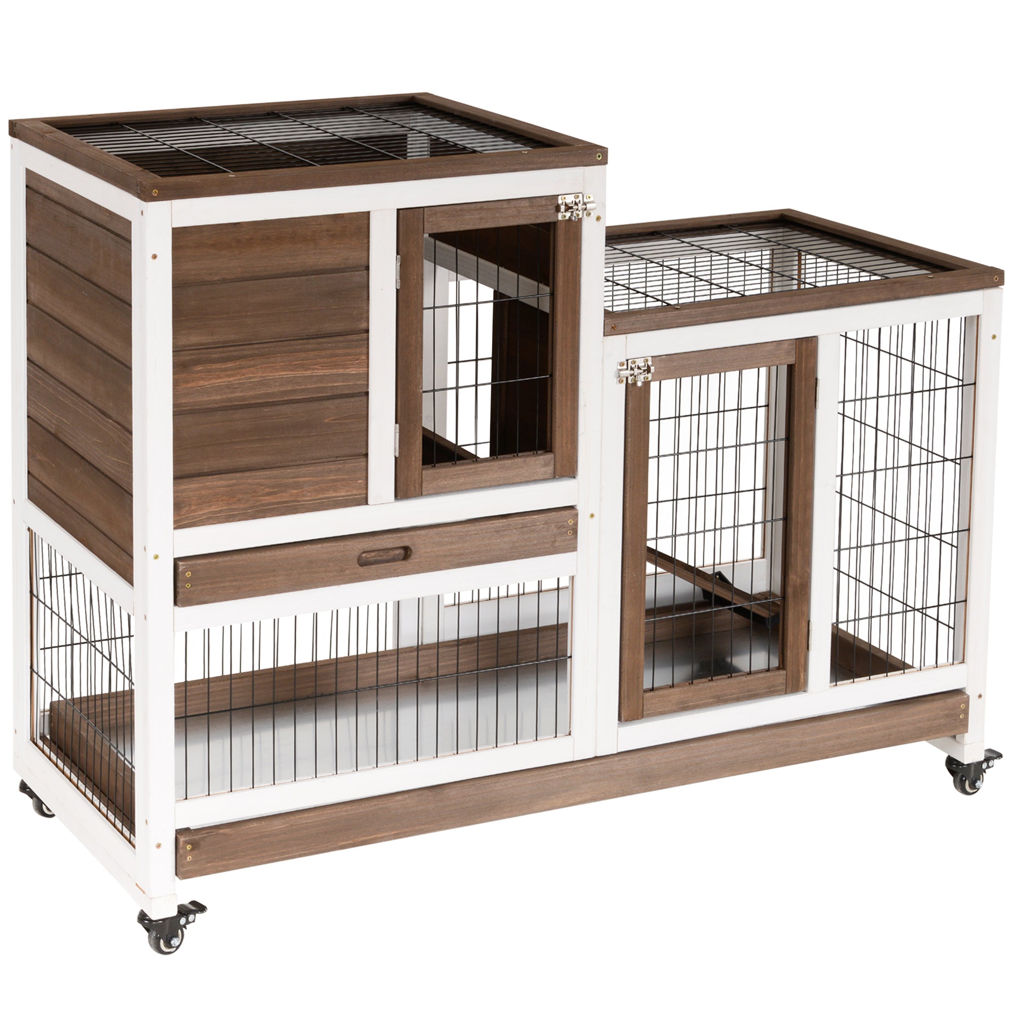 Wooden Indoor Rabbit Hutch Guinea Pig House Bunny Small Animal Cage W/ Wheels Enclosed Run 110 x 50 x 86 cm, Brown-0