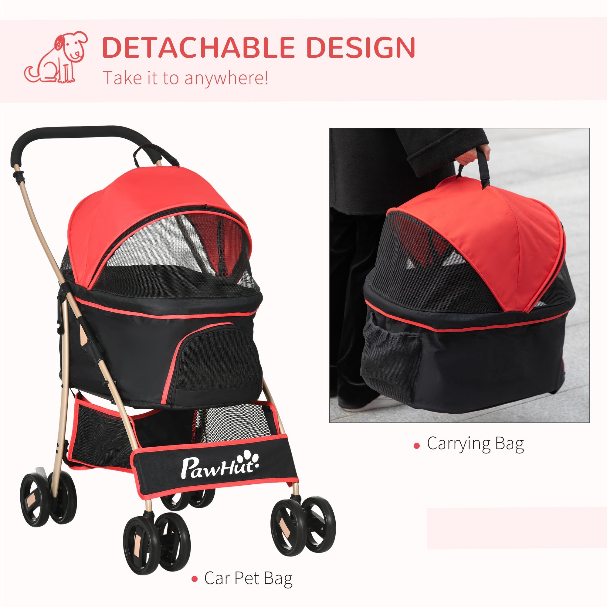 Detachable Pet Stroller with Rain Cover, 3 In 1 Cat Dog Pushchair, Foldable Carrying Bag w/ Universal Wheels, Brake, Canopy, Basket-4