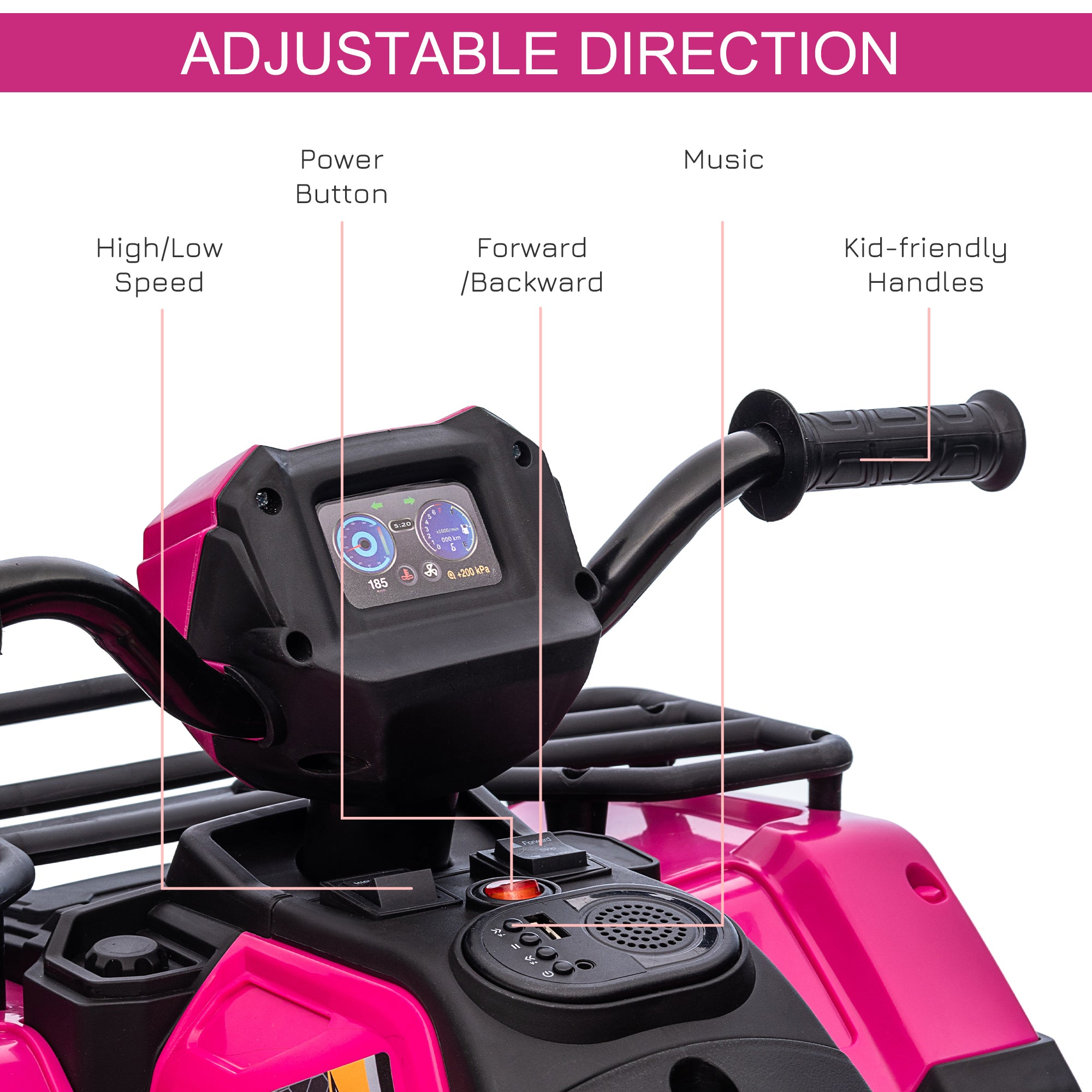 12V Kids Quad Bike with Forward Reverse Functions, Ride On ATV with Music, LED Headlights, for Ages 3-5 Years - Pink-4