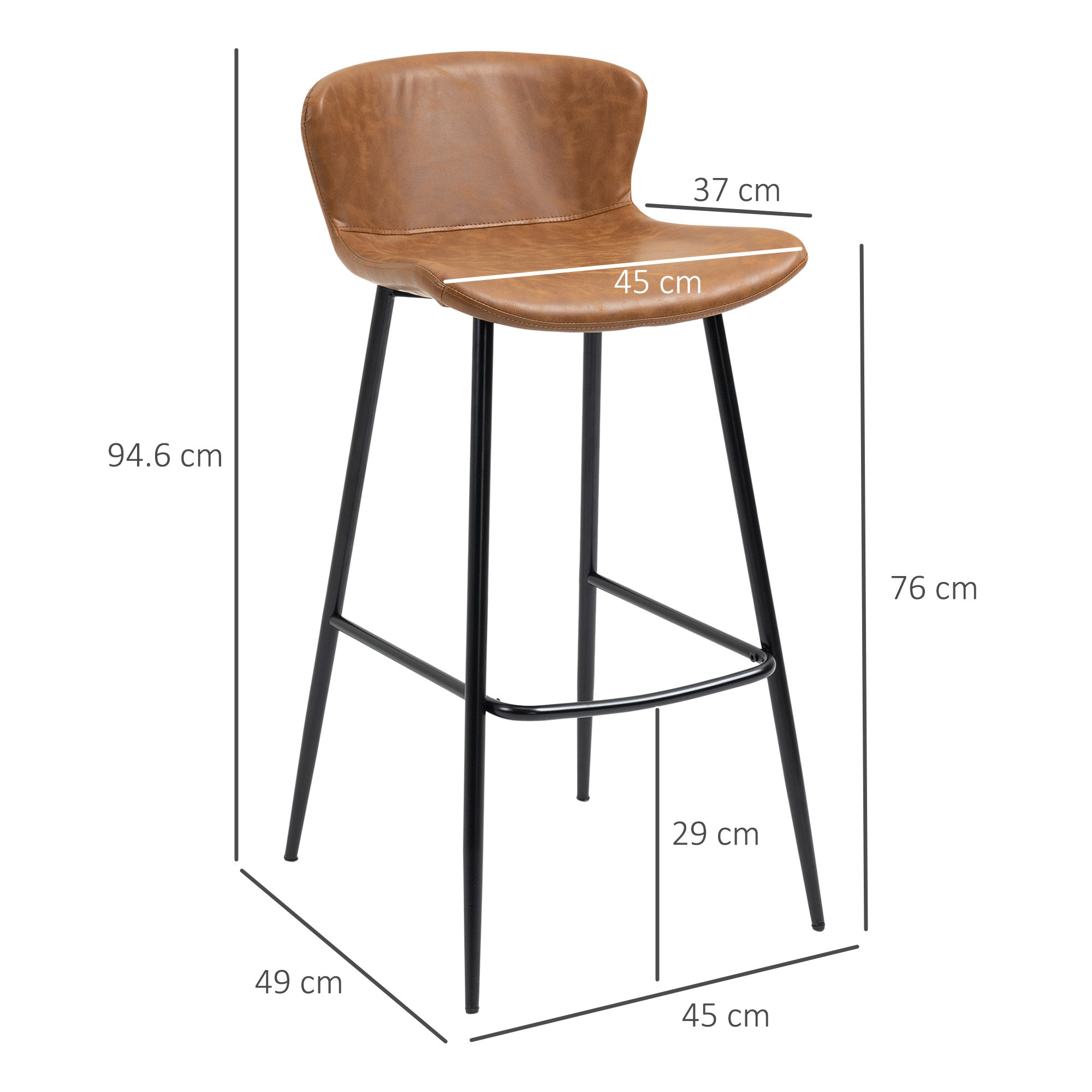 Bar Stools Set of 2, PU Leather Upholstered Bar Chairs, Kitchen Stools with Backs and Steel Legs for Dining Room, Brown-2