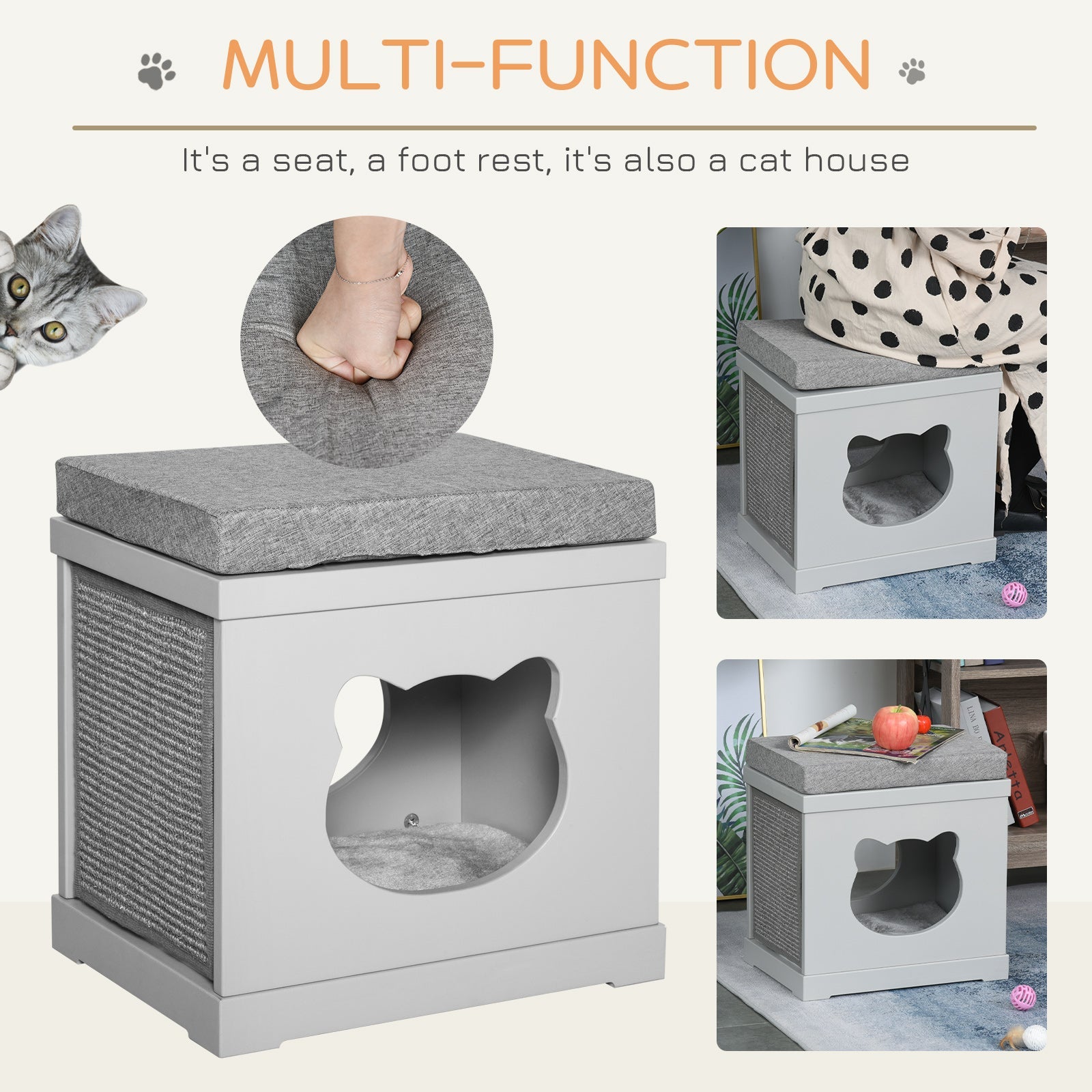 Cat House Bed Kitten Cave Cube Indoor for Small Pet with Removable Sisal Scratching Pads Soft Cushions, 41x30x36 cm, Grey-3