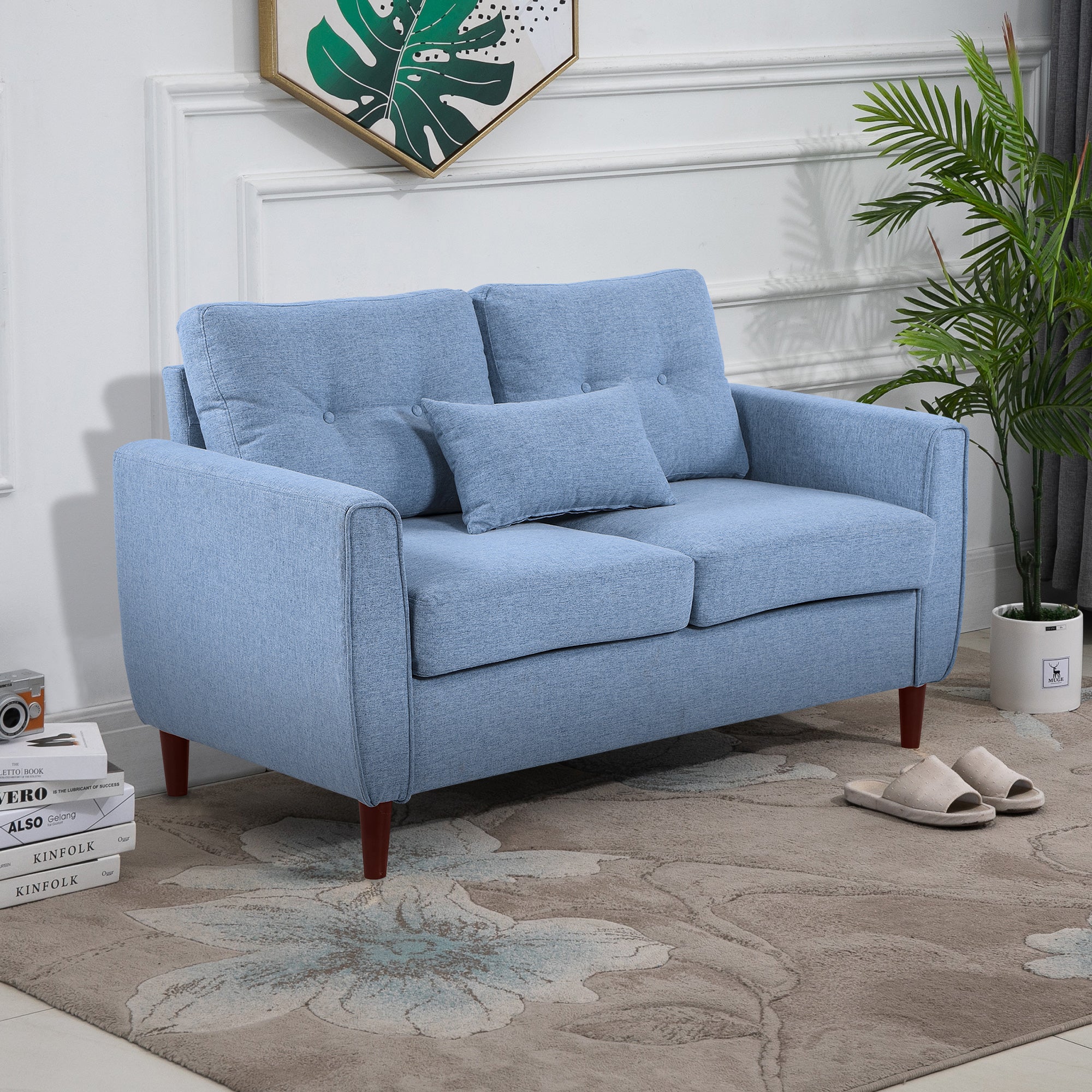 2 Seat Sofa Double Sofa Loveseat Fabric Wooden Legs Tufted Design for Living Room, Dining Room, Office, Light Blue-1