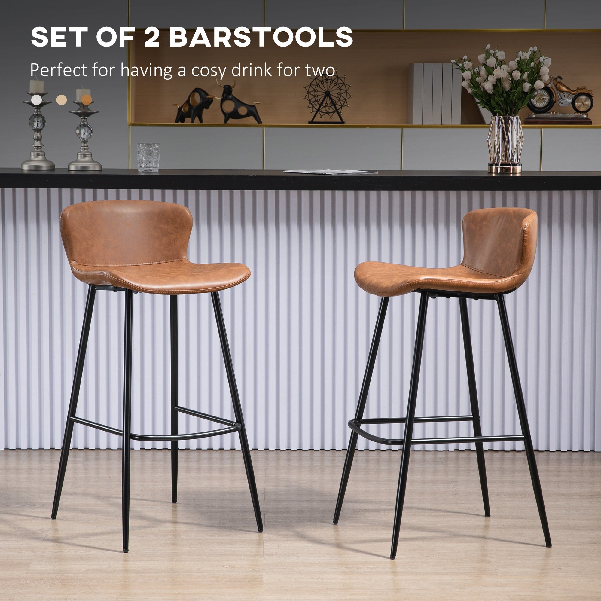 Bar Stools Set of 2, PU Leather Upholstered Bar Chairs, Kitchen Stools with Backs and Steel Legs for Dining Room, Brown-3