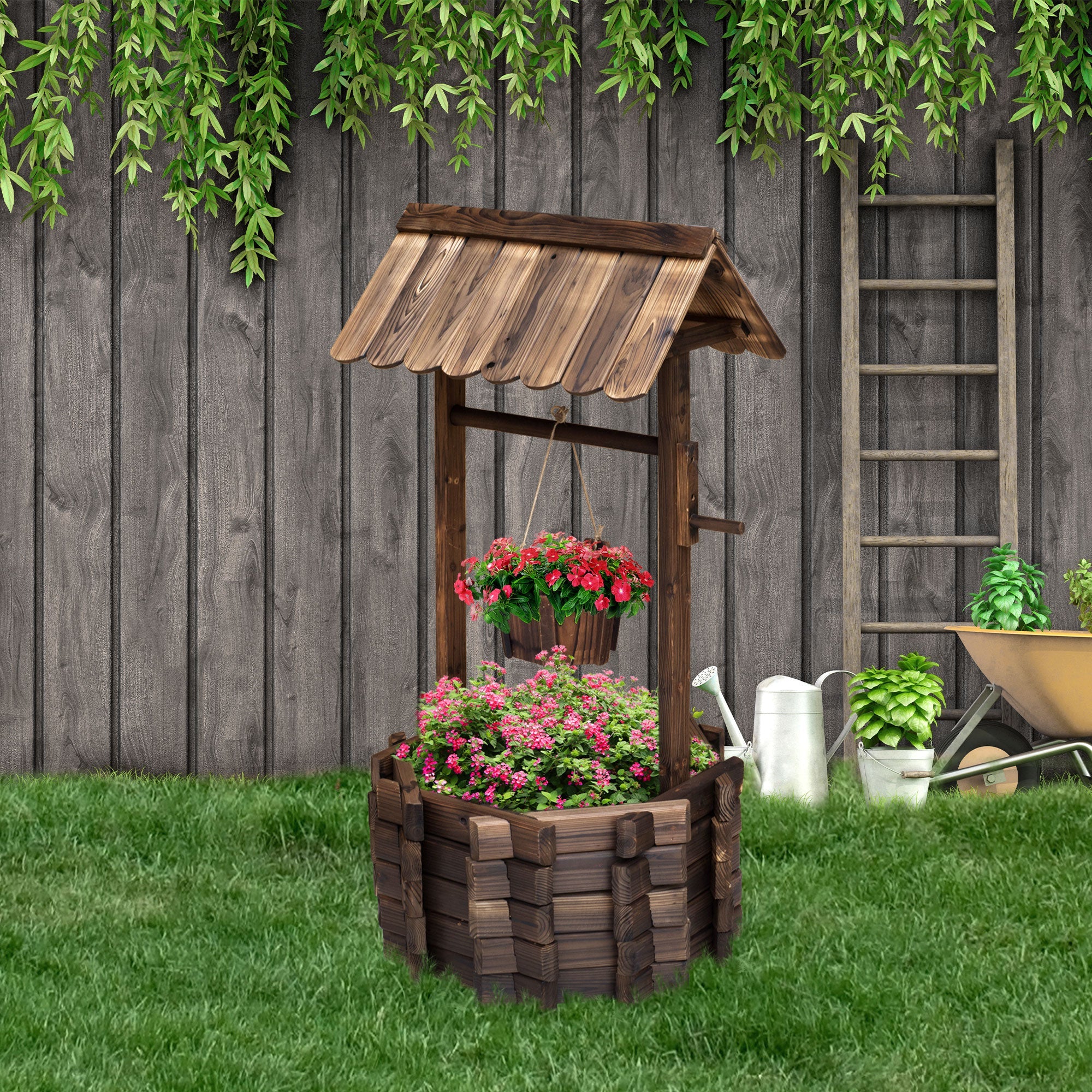 Wooden Wishing Well Planter Outdoor Flower Pot Backyard Garden Decor w/ Bucket-1