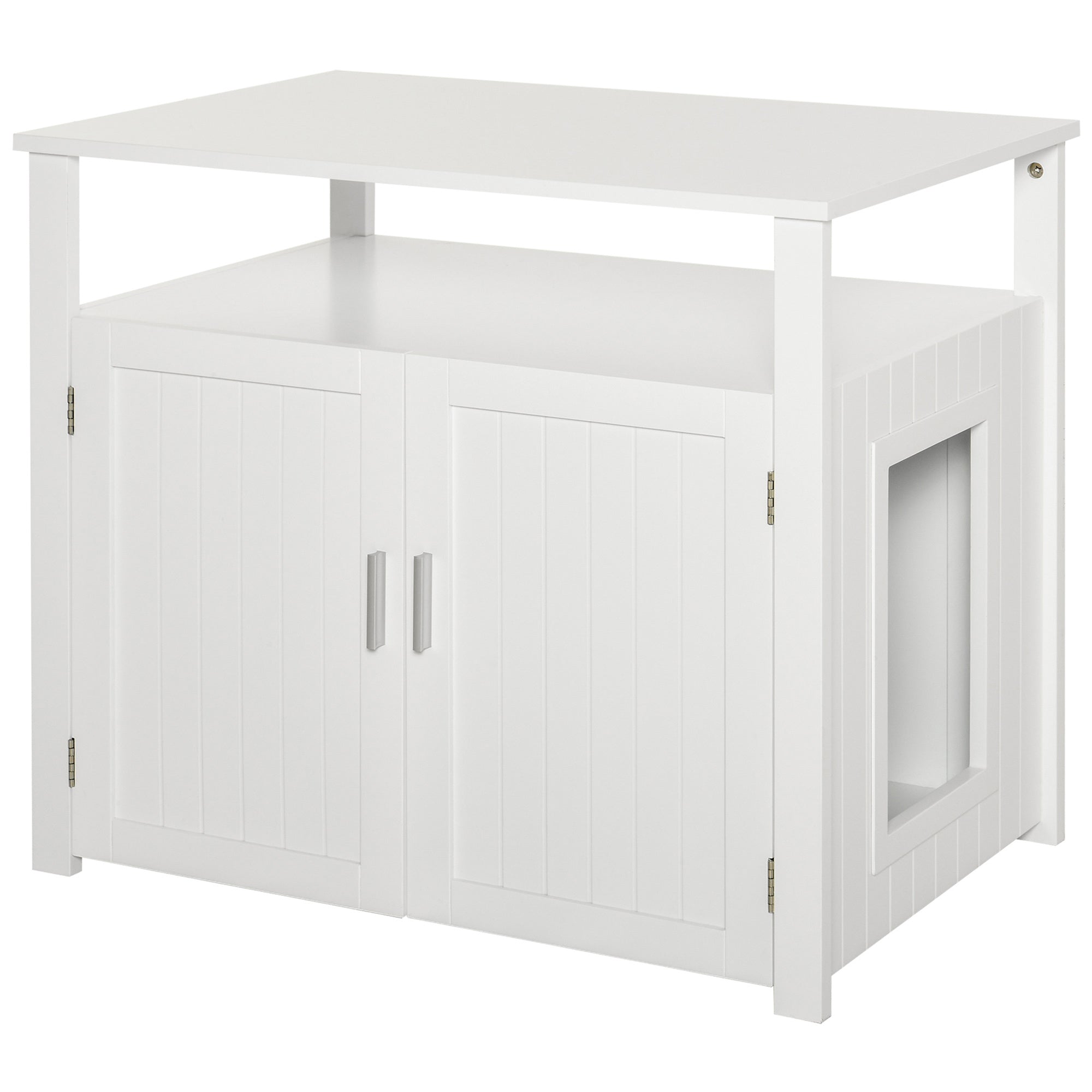 Wooden Cat Litter Box Enclosure Furniture with Adjustable Interior Wall & Large Tabletop for Nightstand, White-0