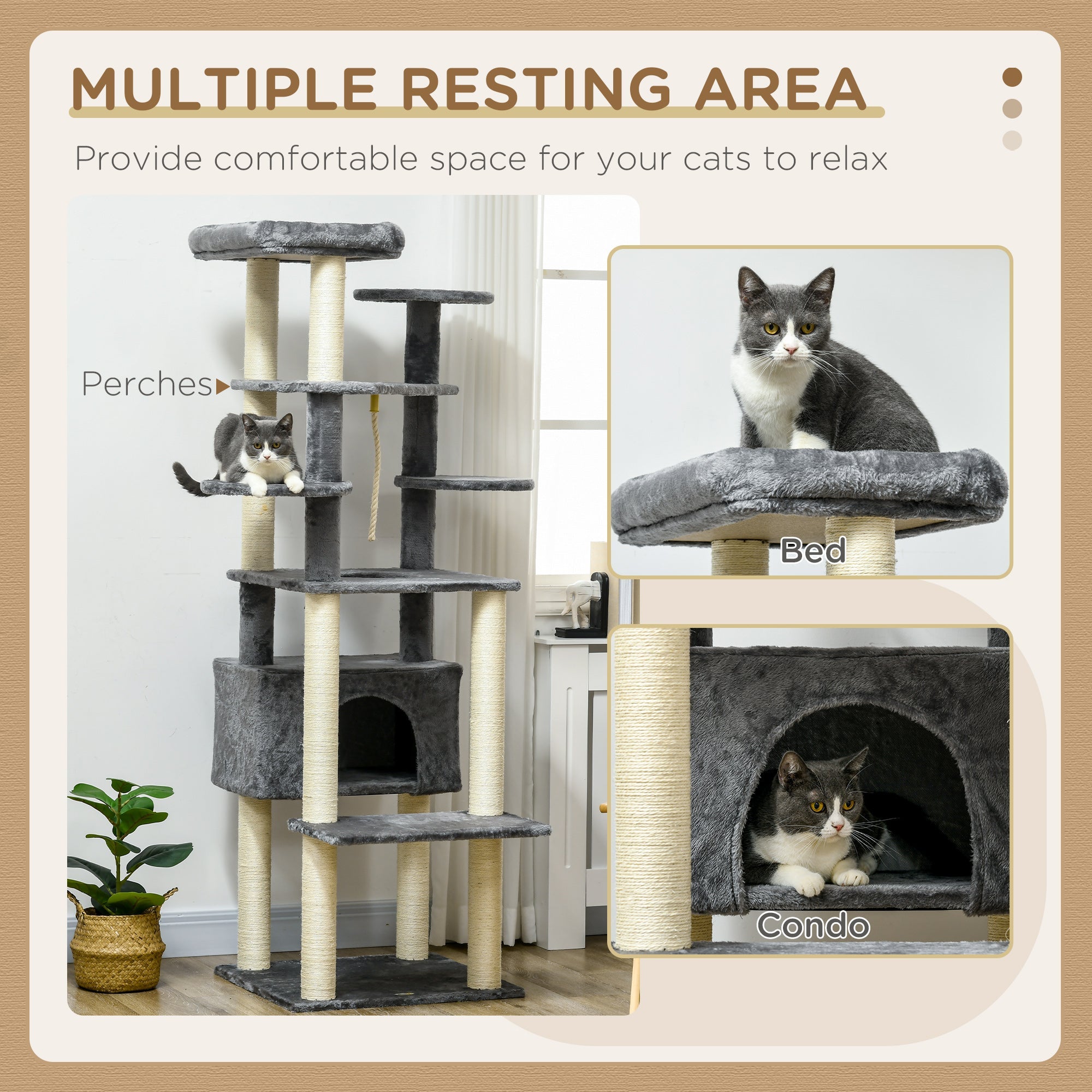 184cm Cat Tree for Indoor Cats, Multi-level Kitten Climbing Tower with Scratching Posts, Cat Bed, Condo, Perches, Hanging Play Rope, Grey-3