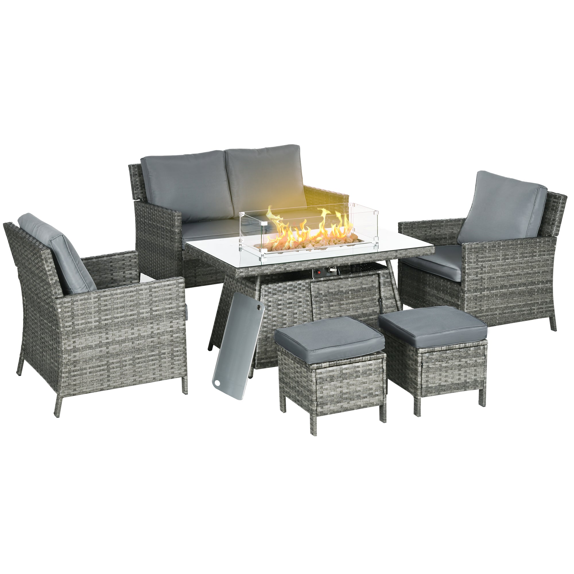 6-Seater Rattan Garden Furniture Set w/ Gas Fire Pit Table, Wicker Loveseat, 2 Armchairs and 2 Footstools, Grey-0