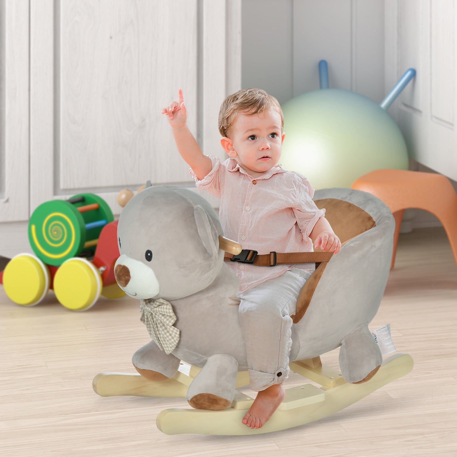 Kids Children Rocking Horse Plush Ride On Bear Seat w/ Sound Wood Base Seat Safety Belt Toddler Baby Toy Grey-1