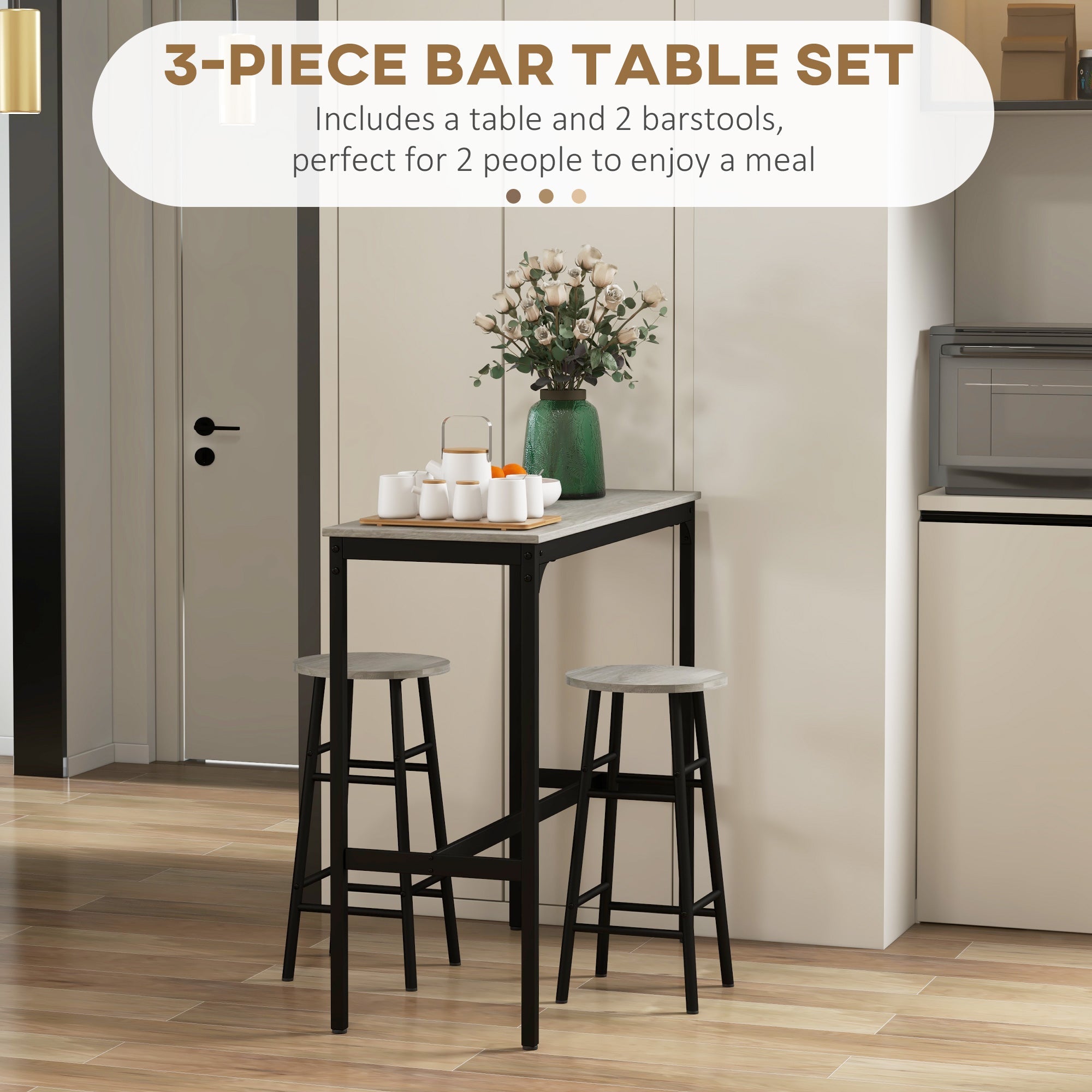 3 Piece Bar Table Set with 2 Stools, Industrial Bar Table and Stool Set, Dining Table and Chair Set for Small Space, Grey-3