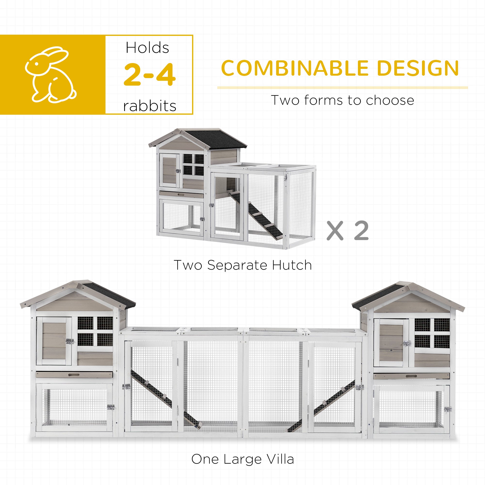 2 in 1 Rabbit Hutch, Double Main House Guinea Pig Hutch, Wooden Small Animal House with Run Box, Slide-out Tray, Ramp, 259 x-3