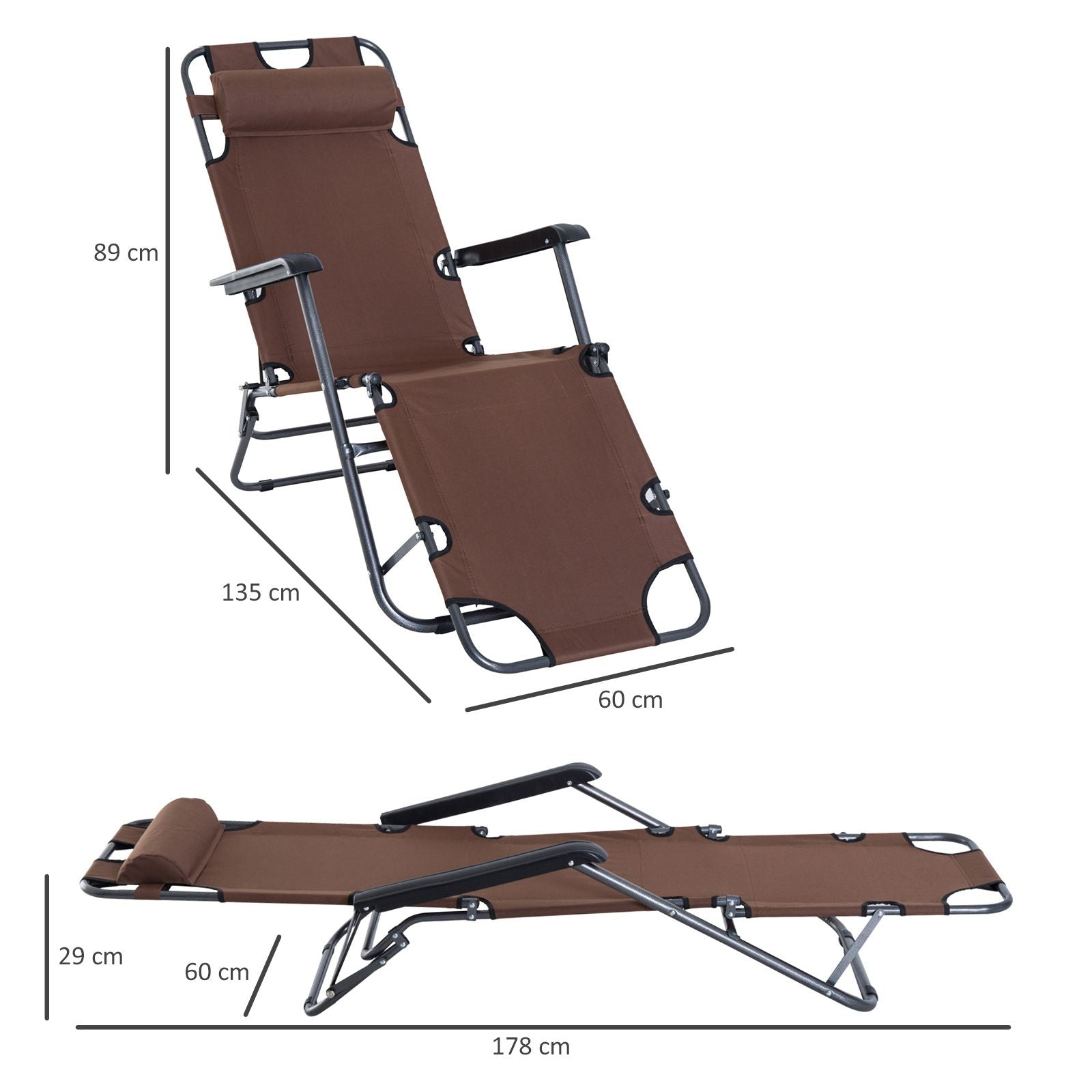 2 in 1 Sun Lounger Folding Reclining Chair Garden Outdoor Camping Adjustable Back with Pillow (Brown)-2