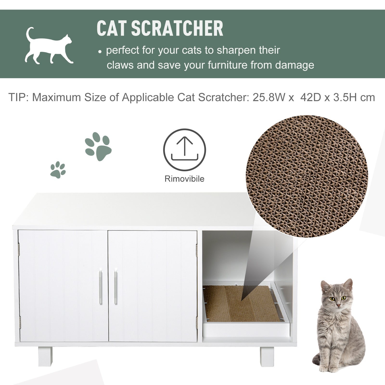 Wooden Cat Litter Box Enclosure & House with Nightstand/End Table Design, Scratcher, & Magnetic Doors, White-4