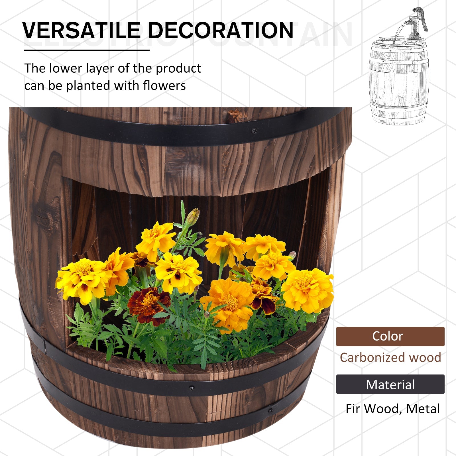 Wood Barrel Patio Water Fountain Electric Pump Garden Decorative Ornament with Flower Planter Decor-4