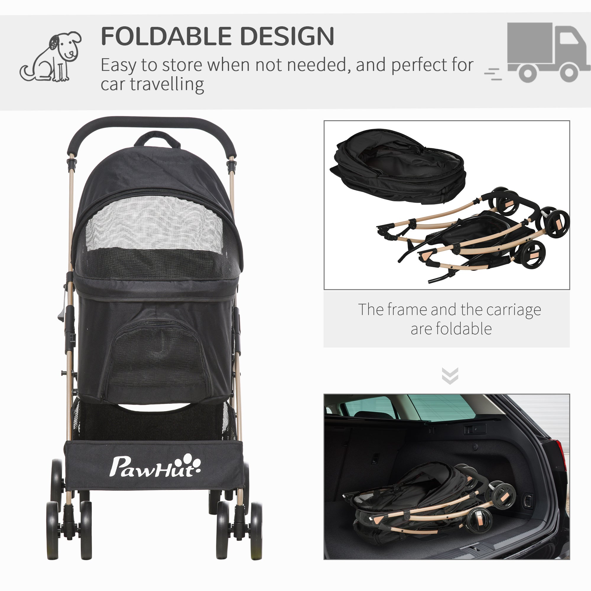 Detachable Pet Stroller with Rain Cover, 3 In 1 Cat Dog Pushchair, Foldable Carrying Bag w/ Universal Wheels, Brake, Canopy, Basket-4