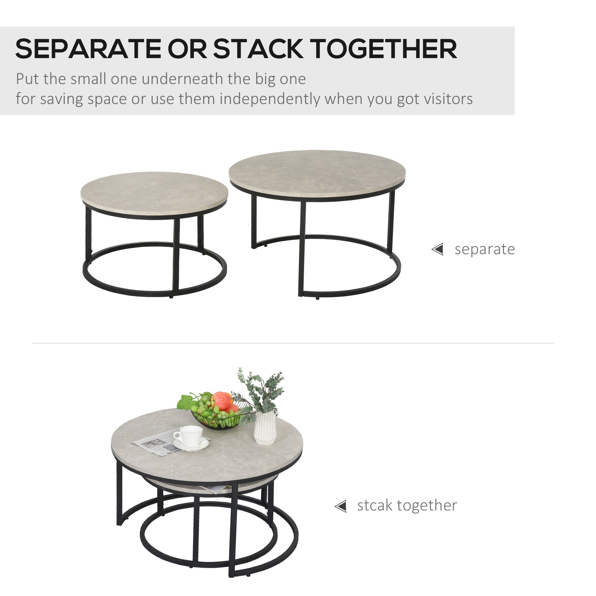 2 Pcs Stacking Coffee Table Set w/ Steel Frame Marble-Effect Top Foot Pads Nest of Tables Storage Display Black/Grey-3